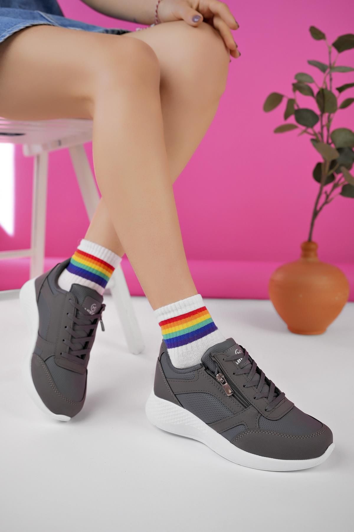 Muggo Asia Garantili Kadın Ortopedik Günlük Bağcıklı Yandan Fermuarlı Rahat Sneaker Spor Ayakkabı