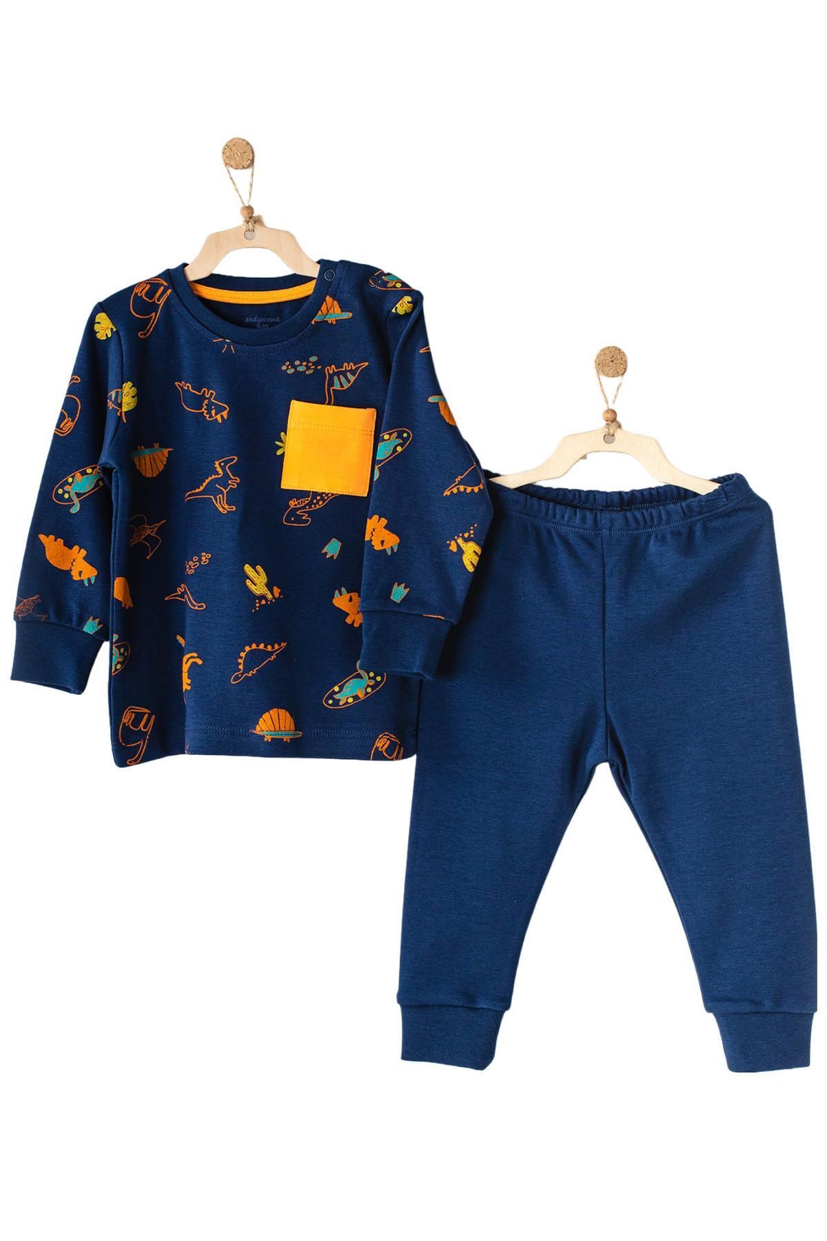 Andy Wawa Erkek Çocuk Dinazor Temalı Alt Üst Lacivert Pijama Takımı Ac23404