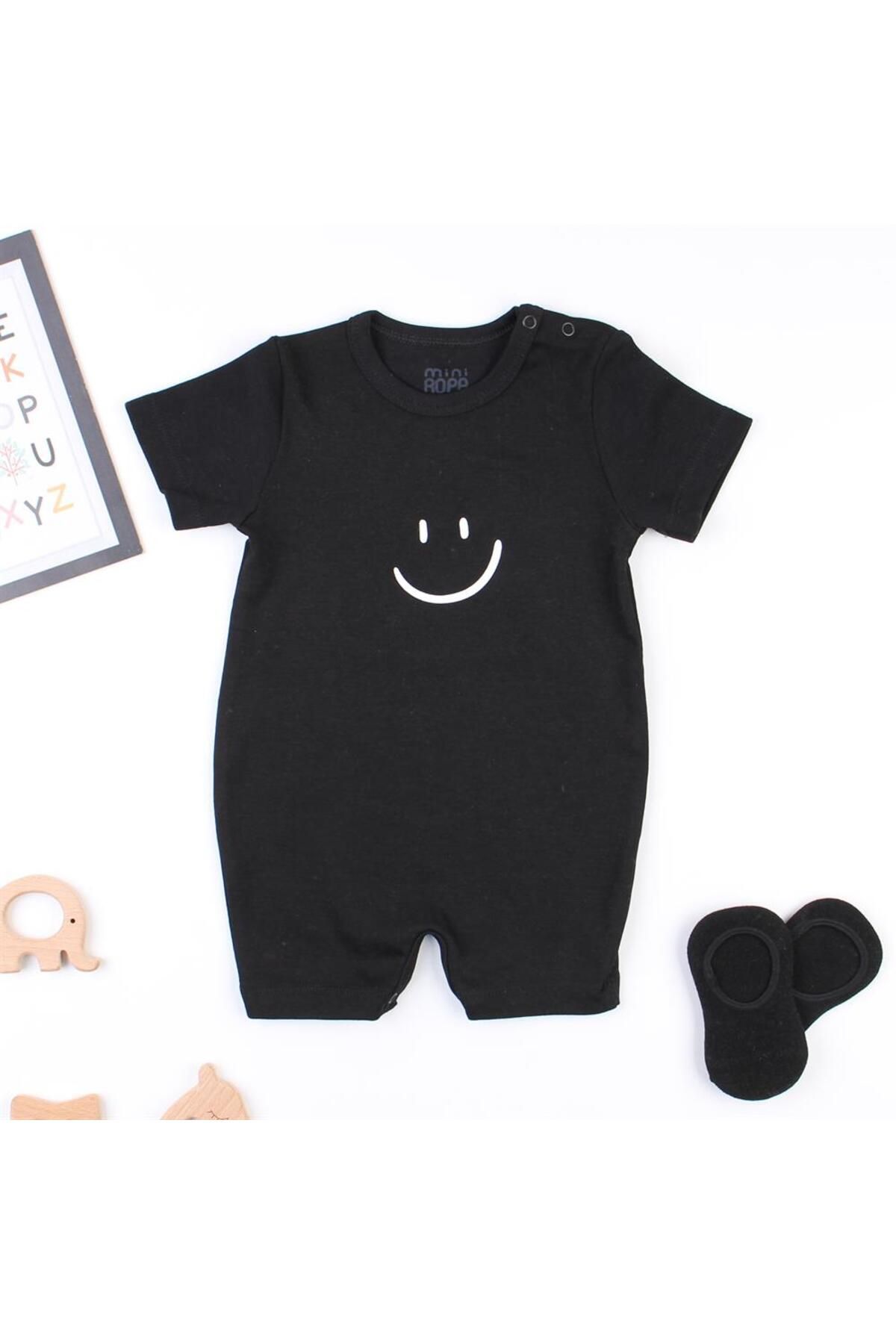 Mini Ropa Kısa Kollu Siyah Bebek Tulumu Smile Baskılı Yazlık Bebek Barbatöz Kısa Tulum