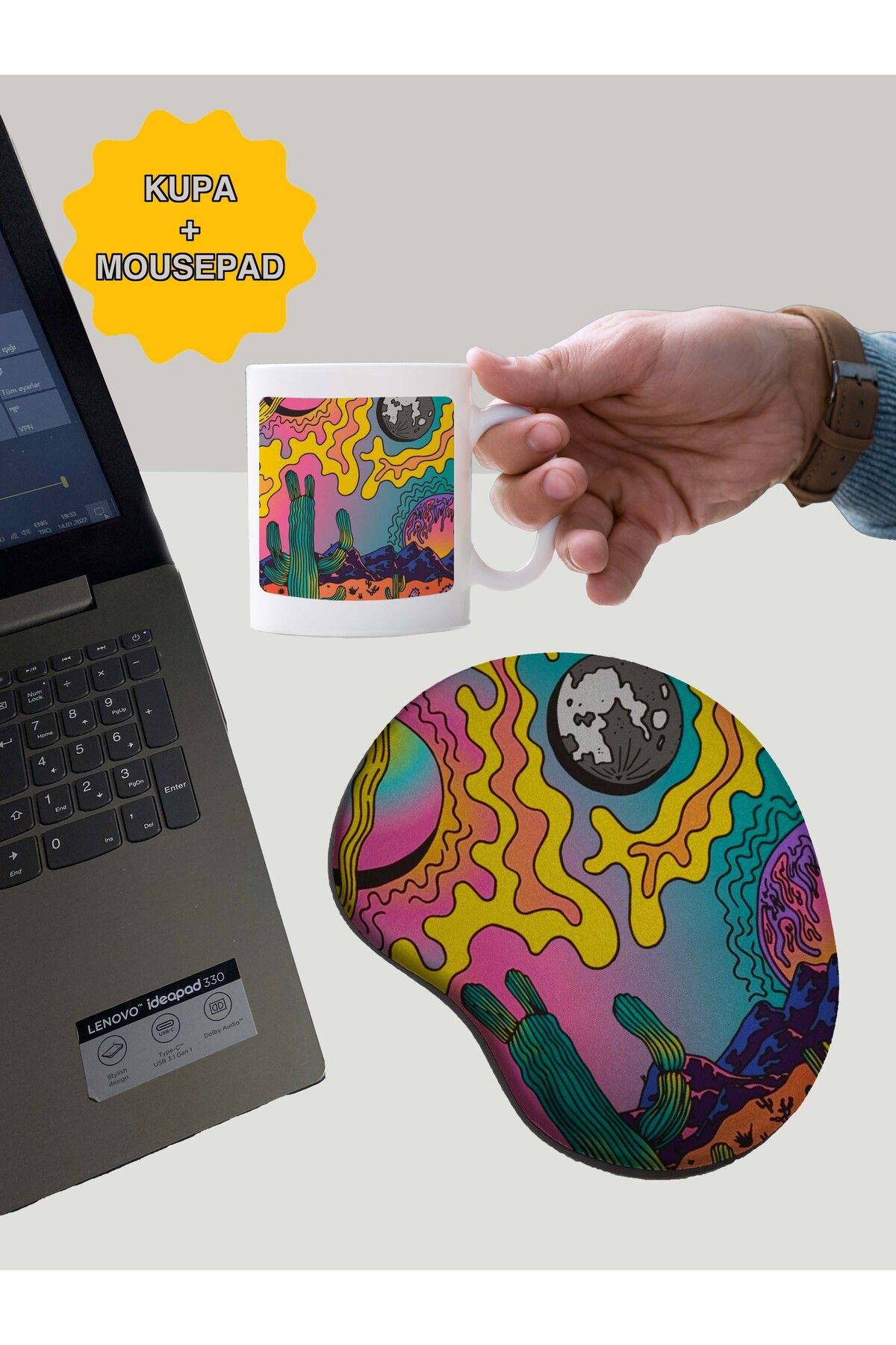rakkun shop Ütopya Desenli Baskılı Bilek Destekli Mouse Pad + Kupa Bardak Mug