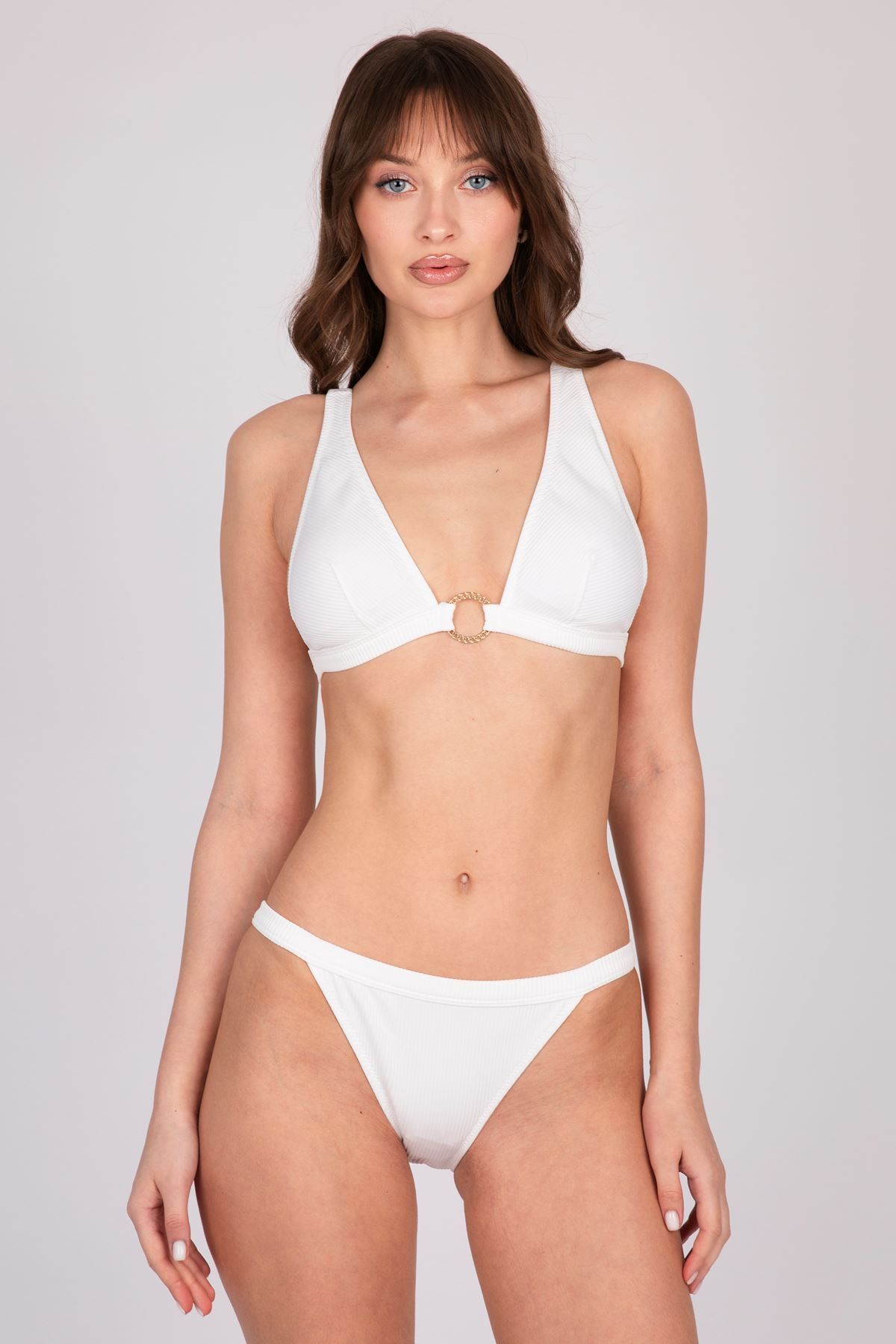 Burcumay Kadın Gold Halka Detaylı Beyaz Üçgen Bikini Takımı