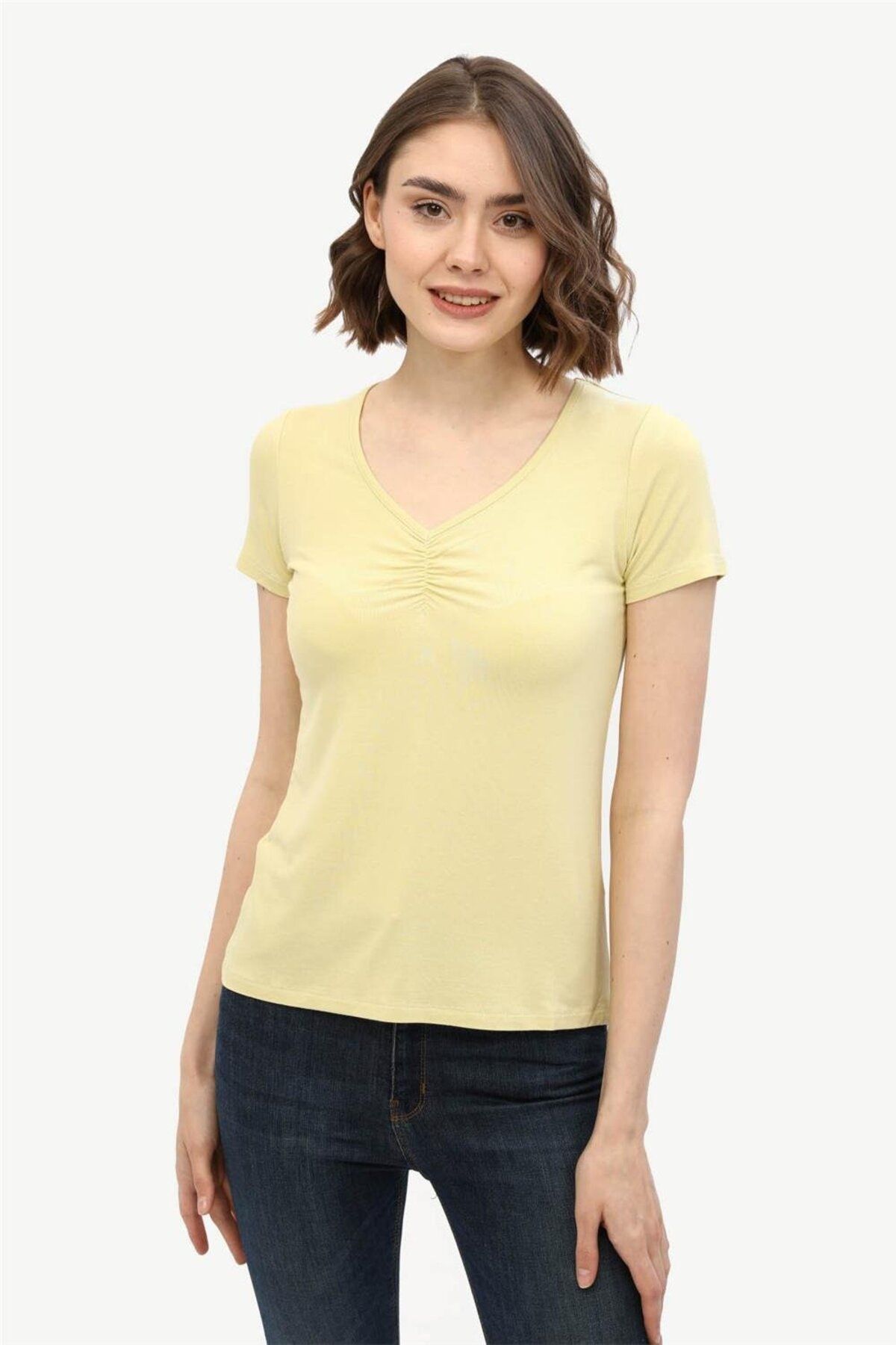 Home Store Tshirt V Yaka Kup Büzgülü - Sarı