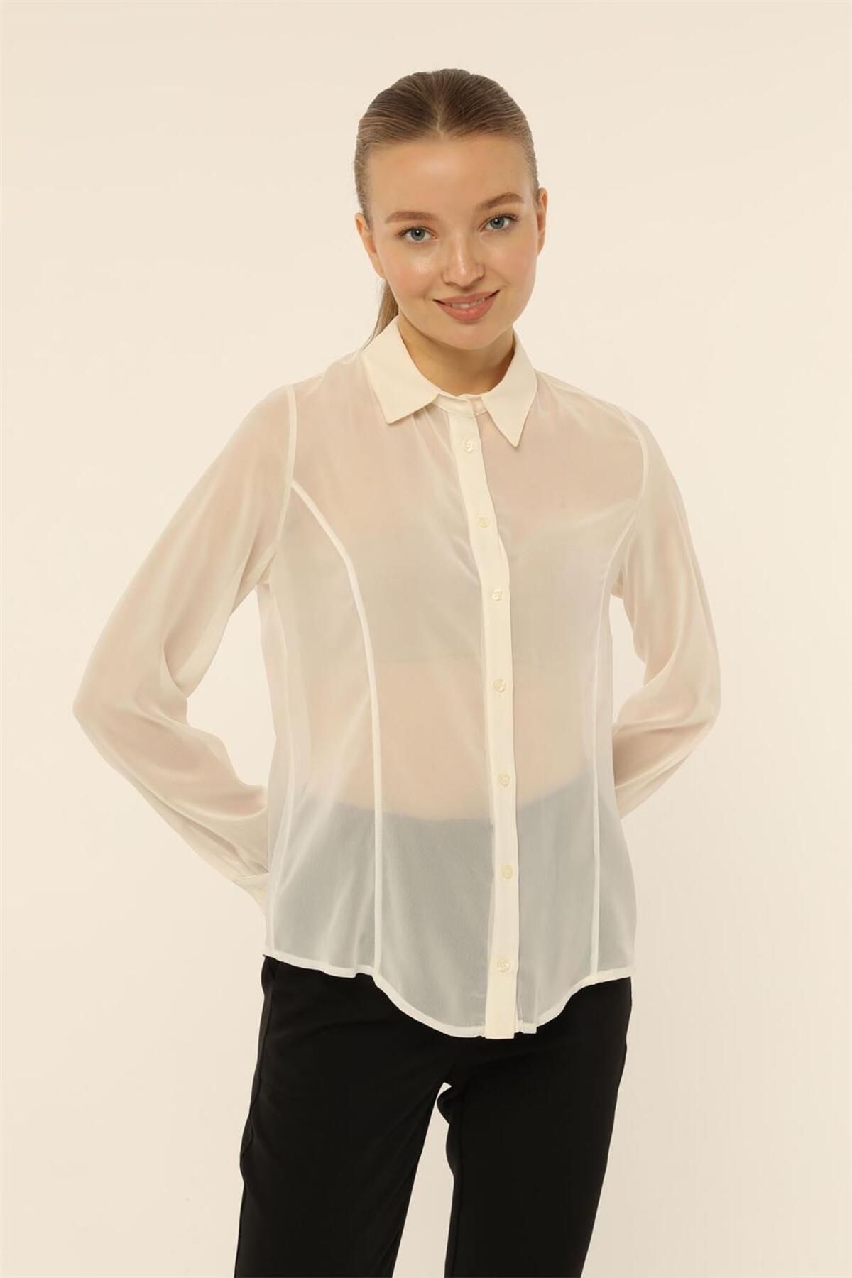 Home Store Gömlek Şifon Sırtı Püskül Saçaklı Manşet Uzun Kol - Beyaz