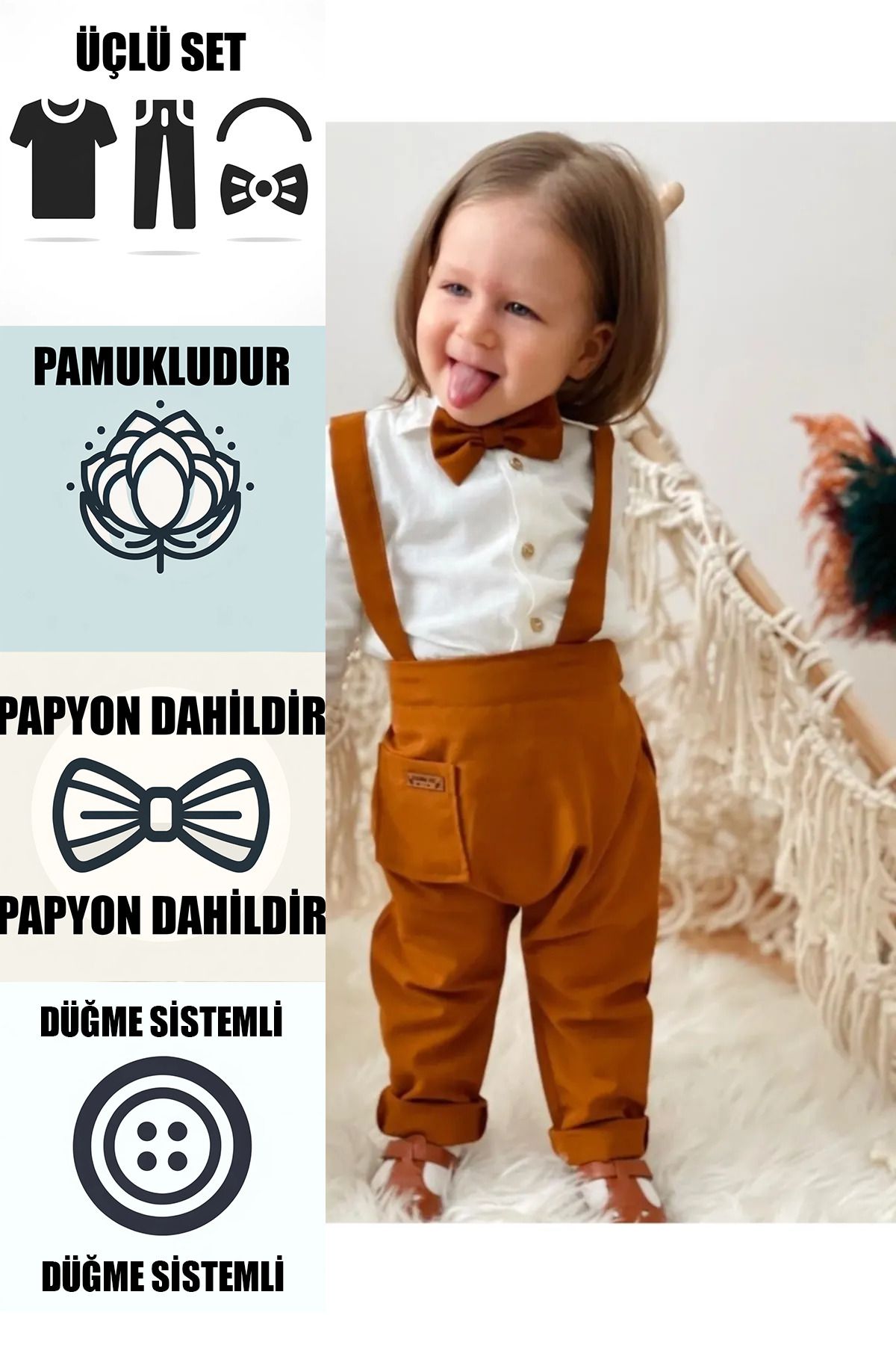 Genel Markalar Kahverengi Salopet Gömlek Ve Papyonlu Takım Erkek Ve Kız Bayramlık Hediye Bebek Ve Çocuk Giyim