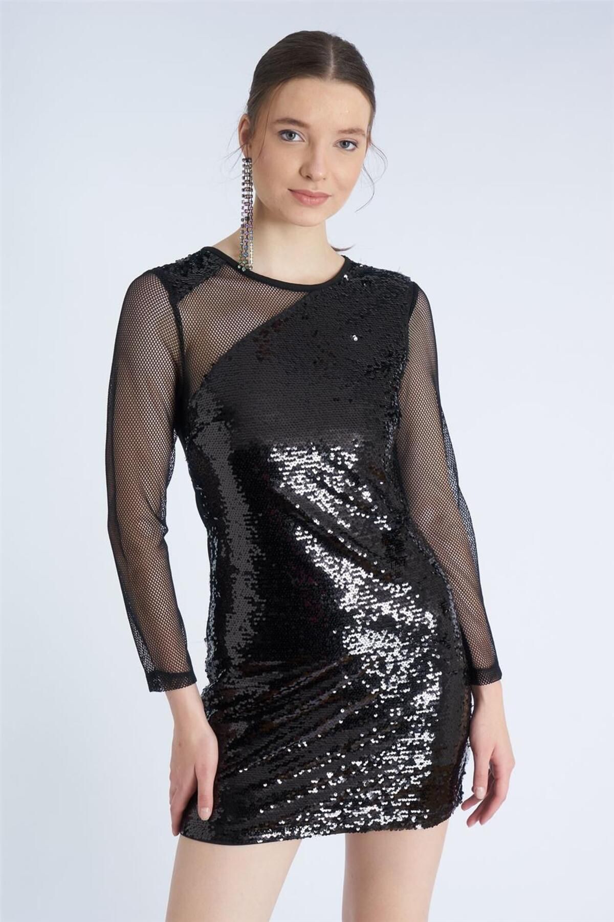 Home Store Elbise Önü Pytli Kol Yaka File Diz Üstü Sırt Fermuar Yuvarla - Siyah