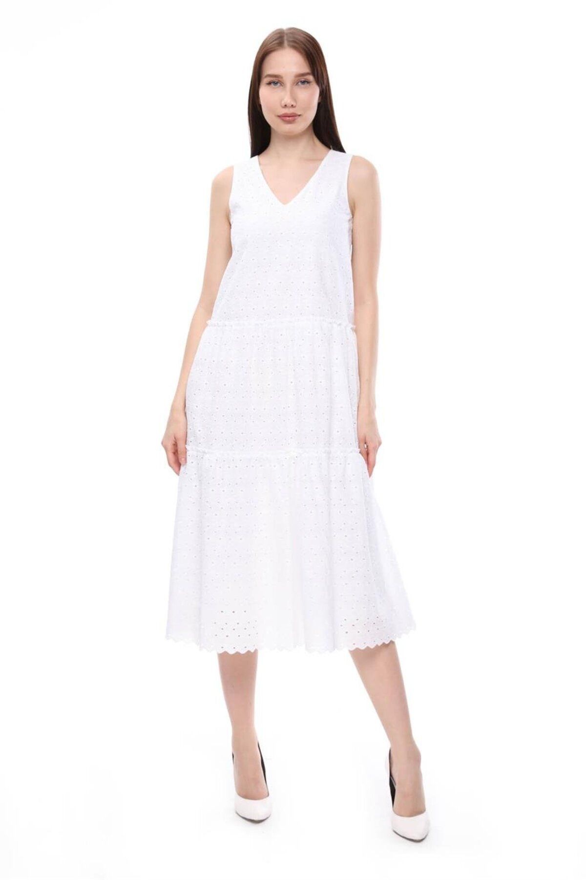 Home Store Elbise Fistolu Nakışlı 3 Kat Dikişli Dv Yaka Kolsuz - Beyaz