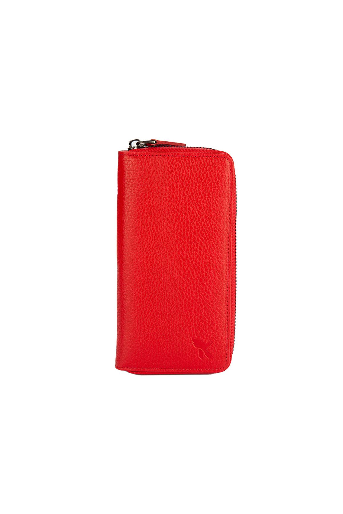 Karalı Deri Hakiki Deri Unisex Portföy Cüzdanı Fermuarlı Telefon Korumalı  Kırmızı C181-08