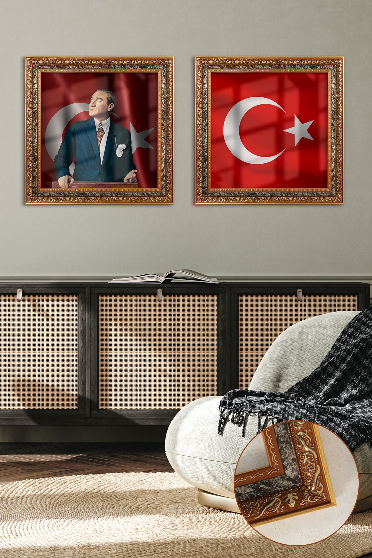 Evimemoda Mustafa Kemal Atatürk Ve Türk Bayrağı Çerçeveli Camlı 2 Parça Tablo Kv