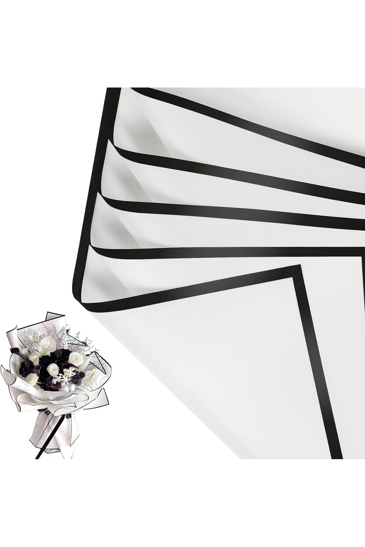 roco paper Çiçek Ambalaj Kağıdı - Beyaz - Siyah Kenarlı - Mat OPP 58x58 cm - 20 Adet