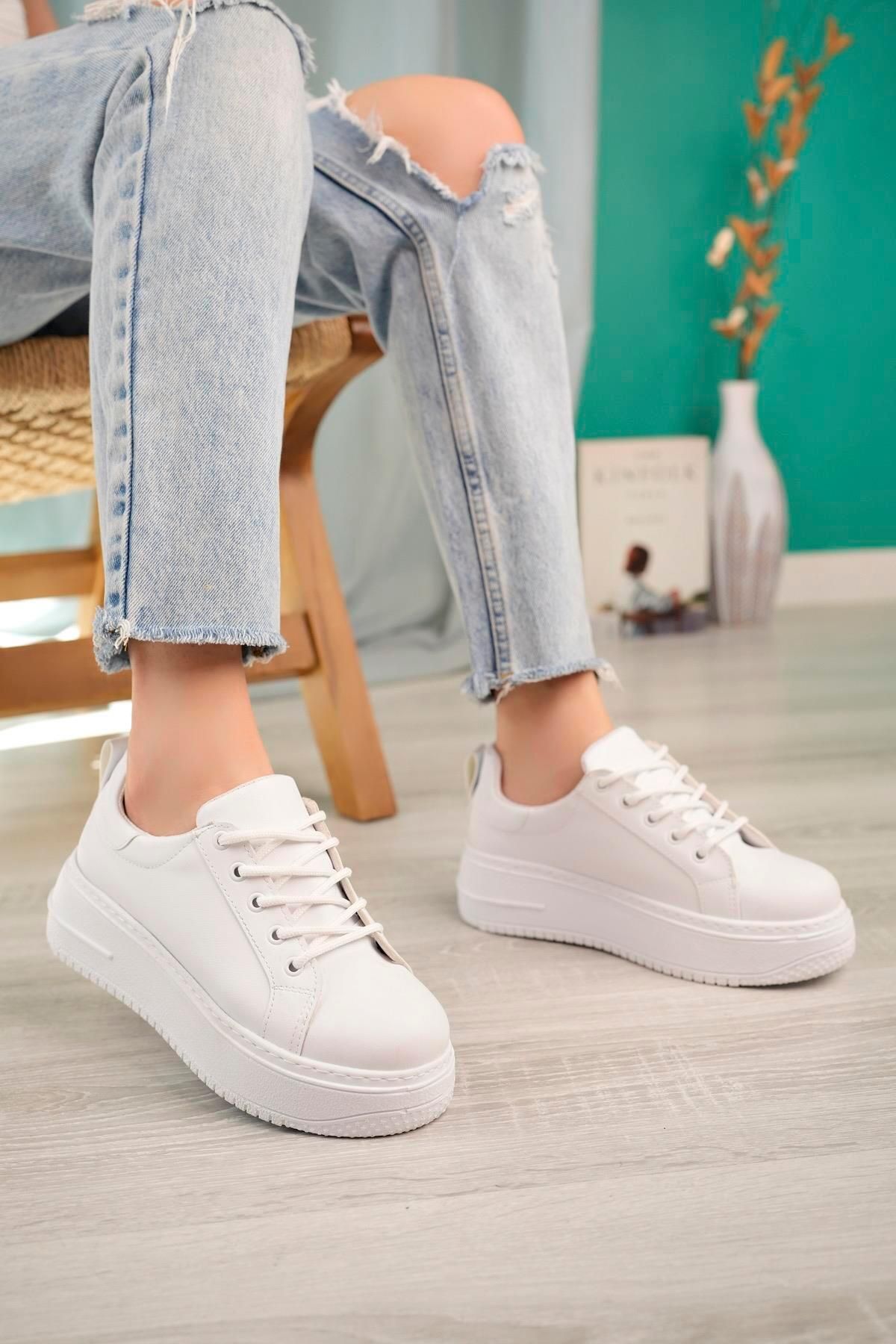Aymood Bağcıklı Kadın Sporgünlük Yüksek Taban Sneakers Spor Ayakkabı Beyaz Cilt
