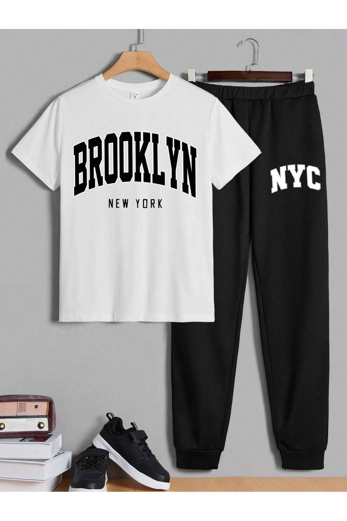 LePold Üst Beyaz Tişört Alt Siyah Brooklyn NYC Baskılı Kız/erkek Oversize Tişört& Eşofman Takım