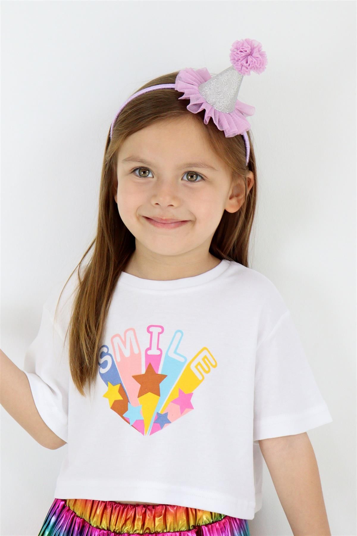 Le Mabelle Beyaz Smile Yıldız Baskılı Kız Çocuk Crop Tişört - Becky