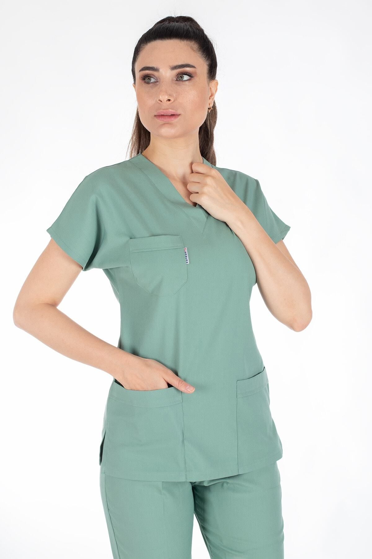 Alsancak Üniforma Çağla Yeşili Likralı Ince Scrubs Doktor Hemşire Forması Yarasa Kol Cerrahi Takım