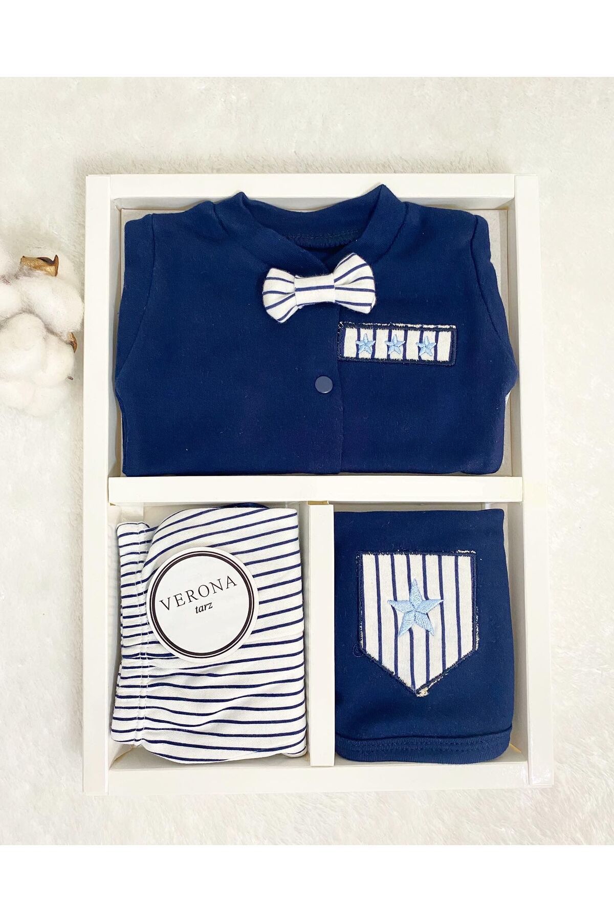 VERONA TARZ Yeni Sezon Organik Kutulu Erkek Bebek Papyonlu 5li Hastane Çıkış Seti Yenidoğan Kıyafeti Hediyelik