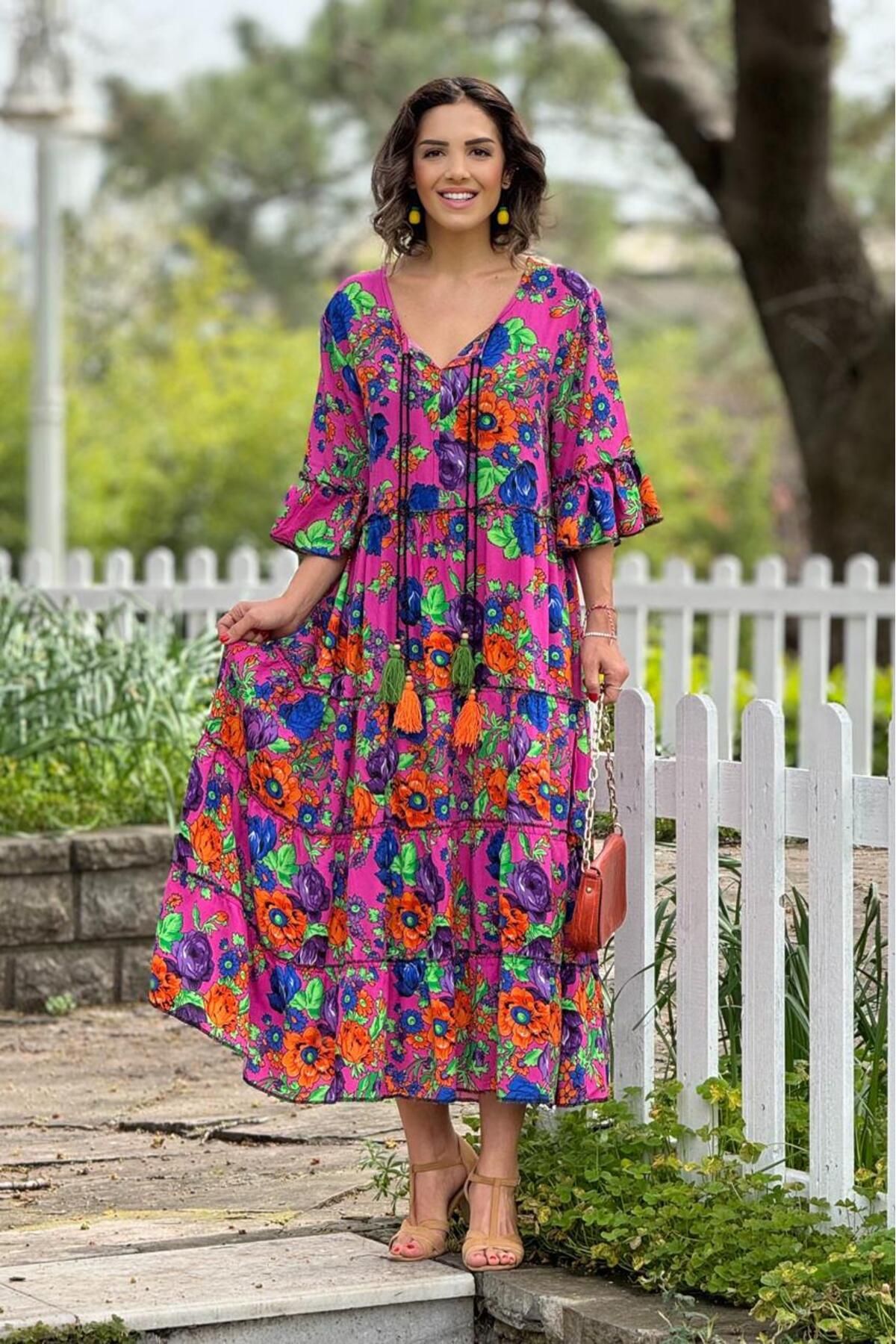 Nevin Kaya Moda Pembe Çiçek Bahçesi Bohem Elbise