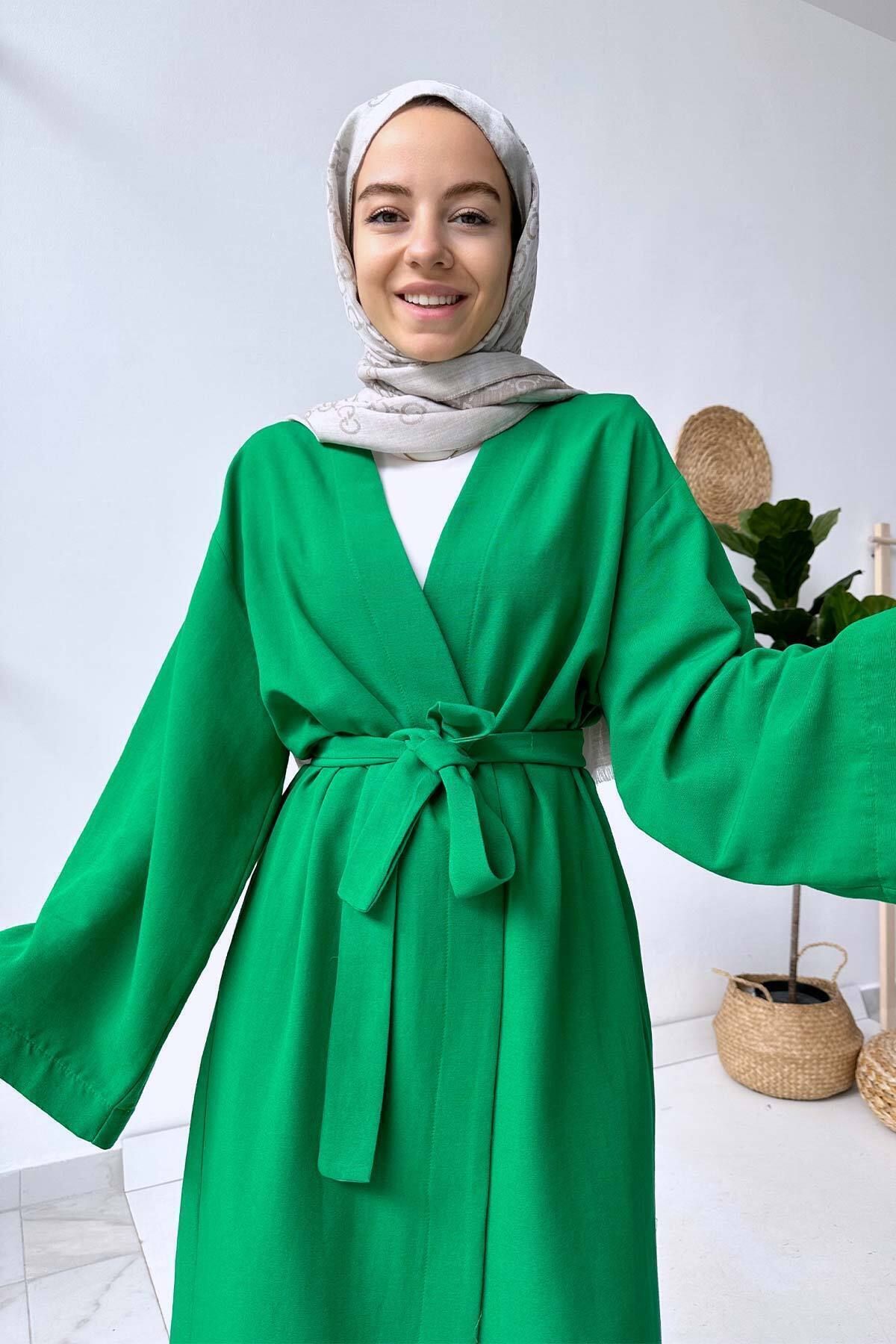 Ka Hijab Uzun Kuşaklı Keten Kimono - Yeşil