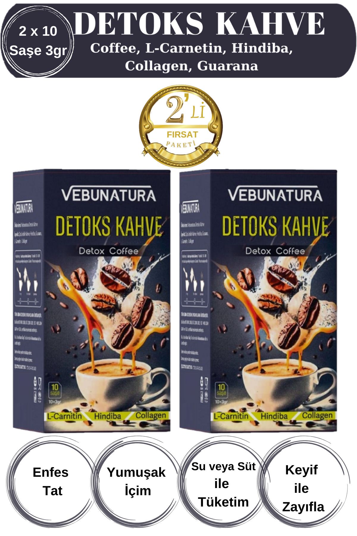 VEBUNATURA Detox Kahve (Hindiba, L-Carnitin, Collagen,Guarana) İçeren Detoks Diyet Kahve 2'li Fırsat Paketi