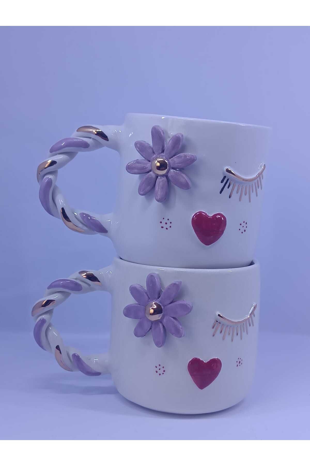BUESS El Yapımı 24 Ayar Gerçek Altın Yaldızlı Kalp Çiçek Sevgili Aşk Seramik Çay Kahve Kupa Cup Mug