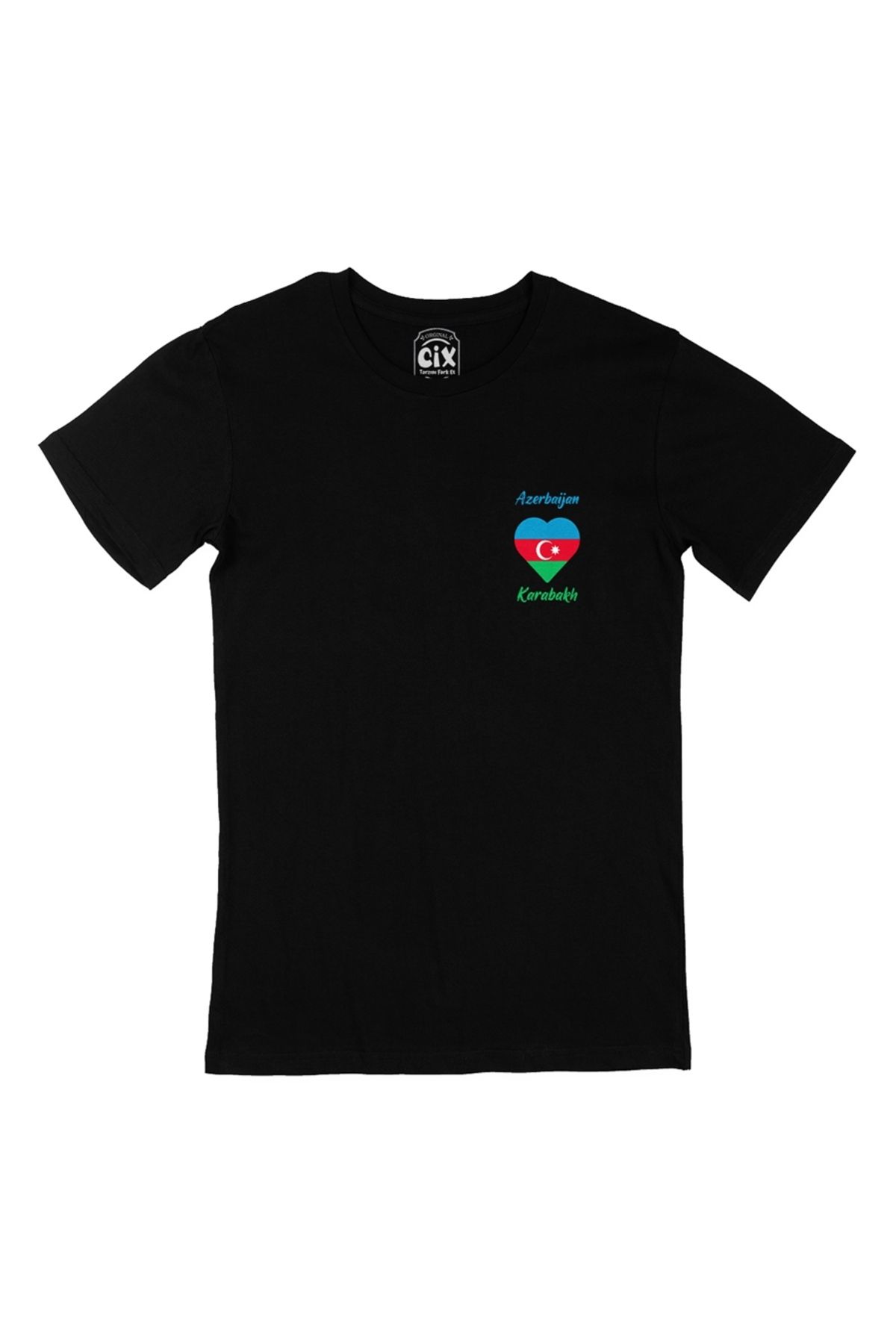 Cix Karabağ Azerbaycan Bayraklı Kalpli Cep Logo Tasarımlı Siyah Tişört
