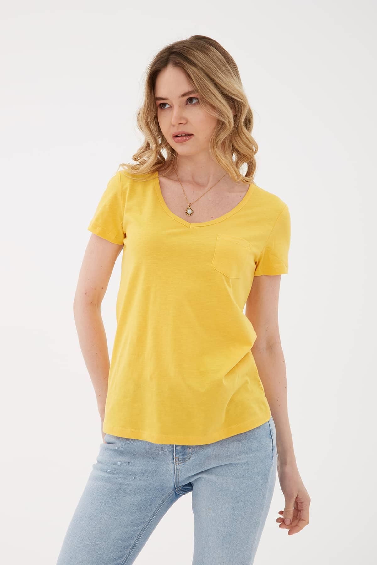 Fashion Friends V Yaka Cepli T-shirt Sarı / Yellow
