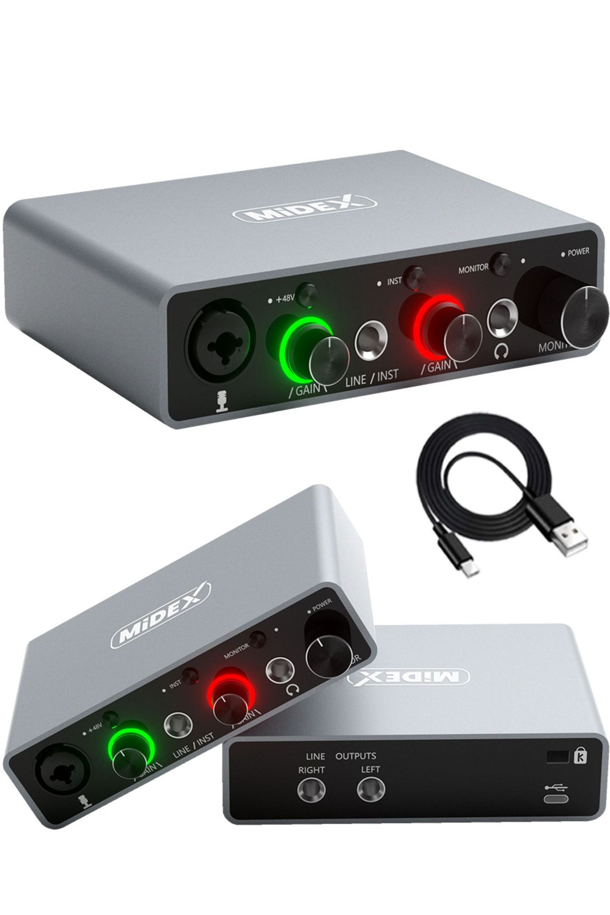 Midex Glx-700gr Xlr Üst Segment Usb Stüdyo Ses Kartı 2 Giriş 2 Çıkış 24bit/192khz