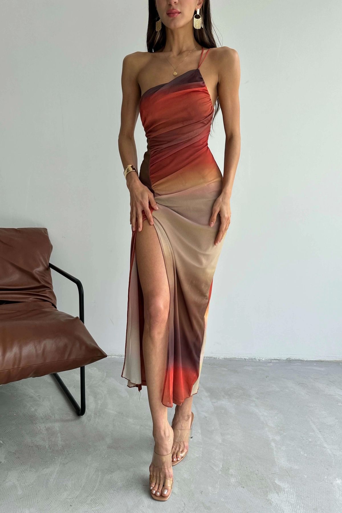 Eka Kadın Kahve Yırtmaçlı Batik Elbise 1007-0463