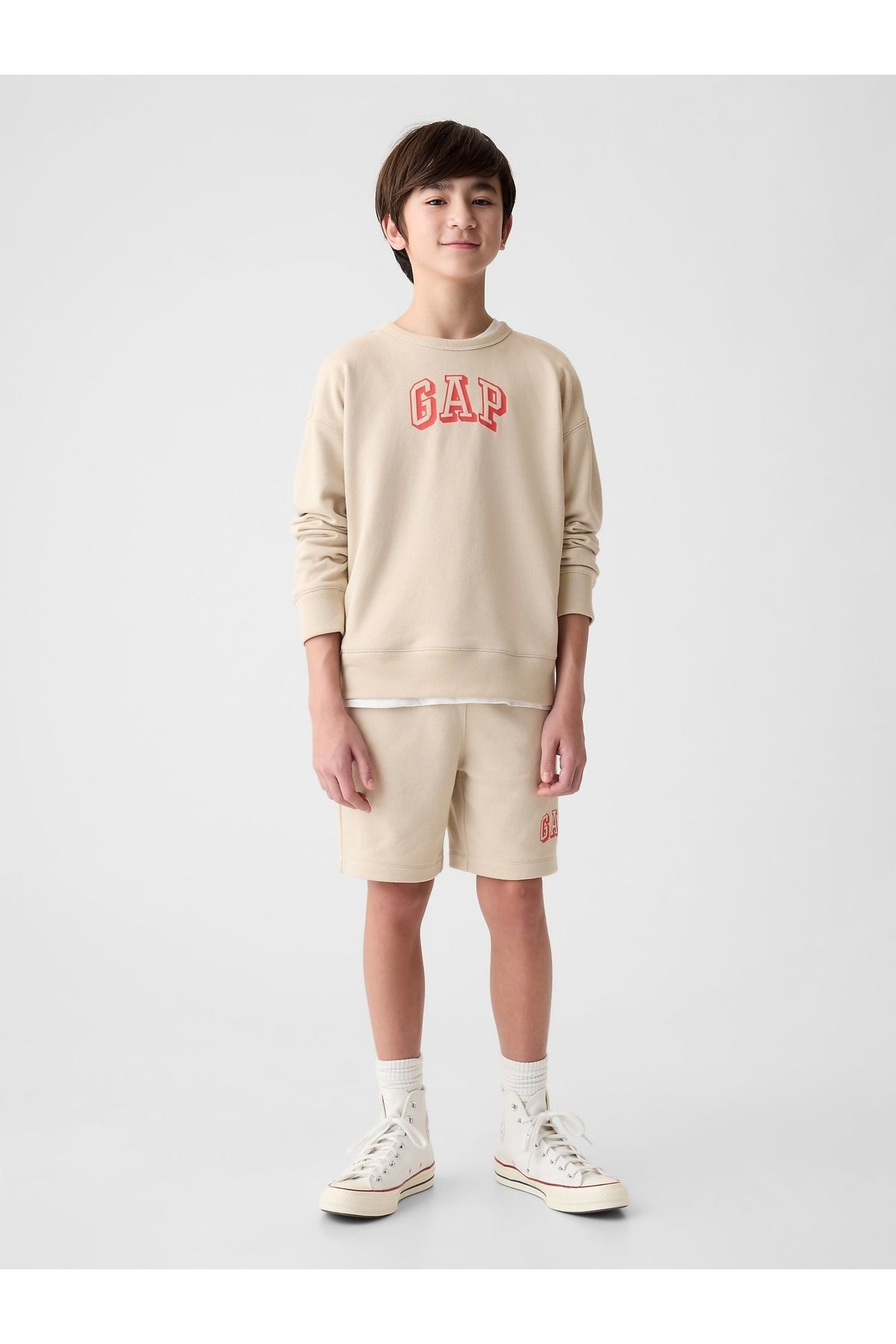 GAP Erkek Çocuk Bej Gap Logo Fransız Havlu Kumaş Sweatshirt