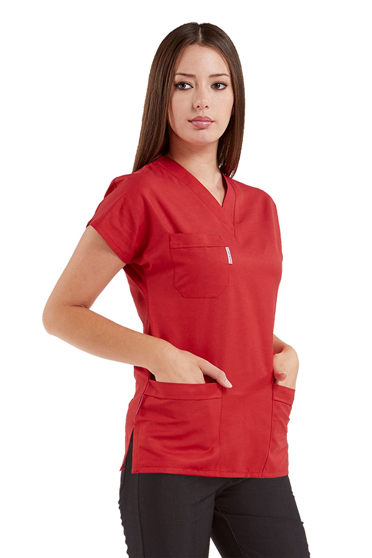Alsancak Üniforma Scrubs Flex Likralı Kırmızı/Siyah İnce Kumaş Yarasa Kol Cerrahi Doktor Hemşire Forması Takımı