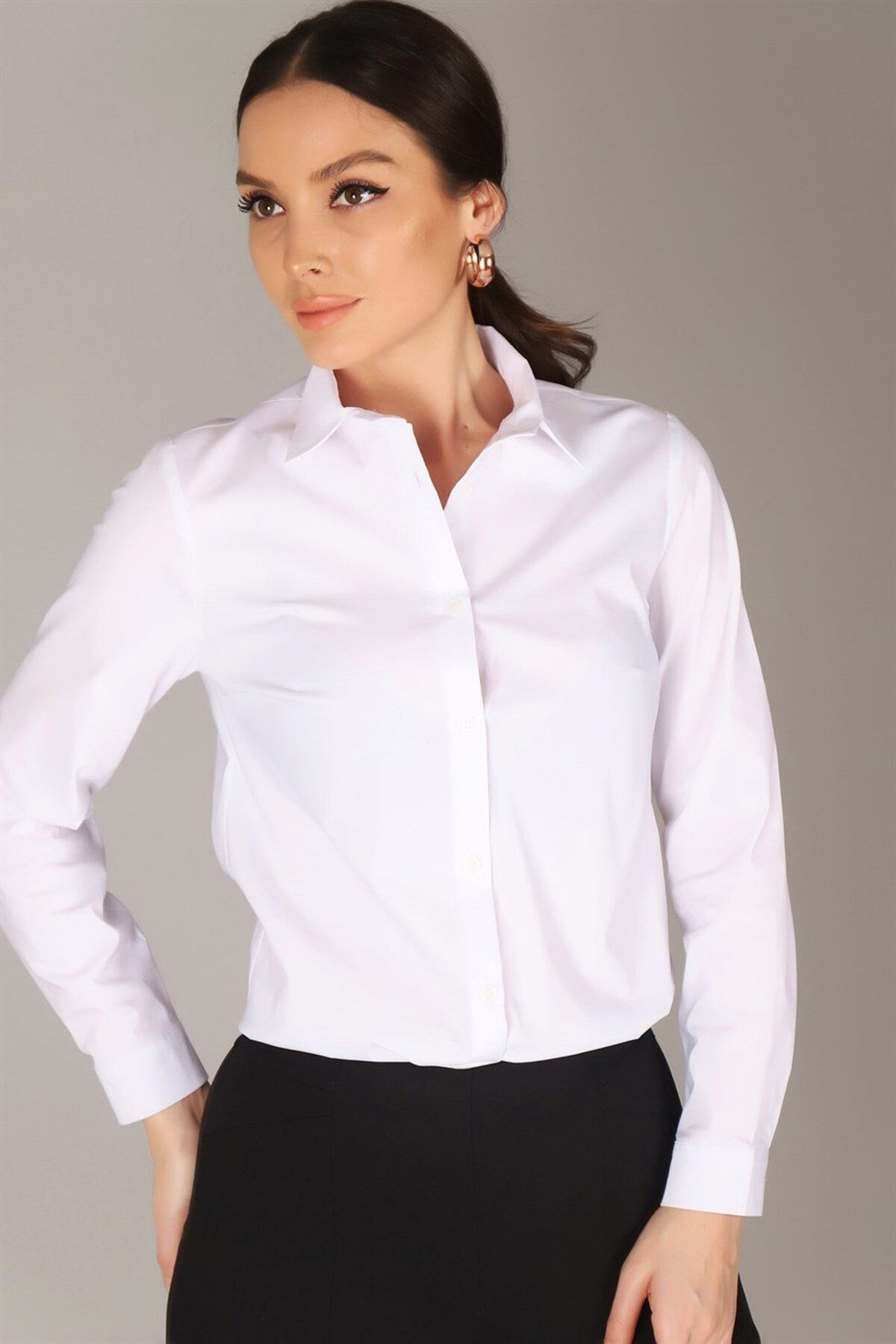 Sweetness Kadın Beyaz Likralı Uzun Kol Pamuklu Klasik Gömlek