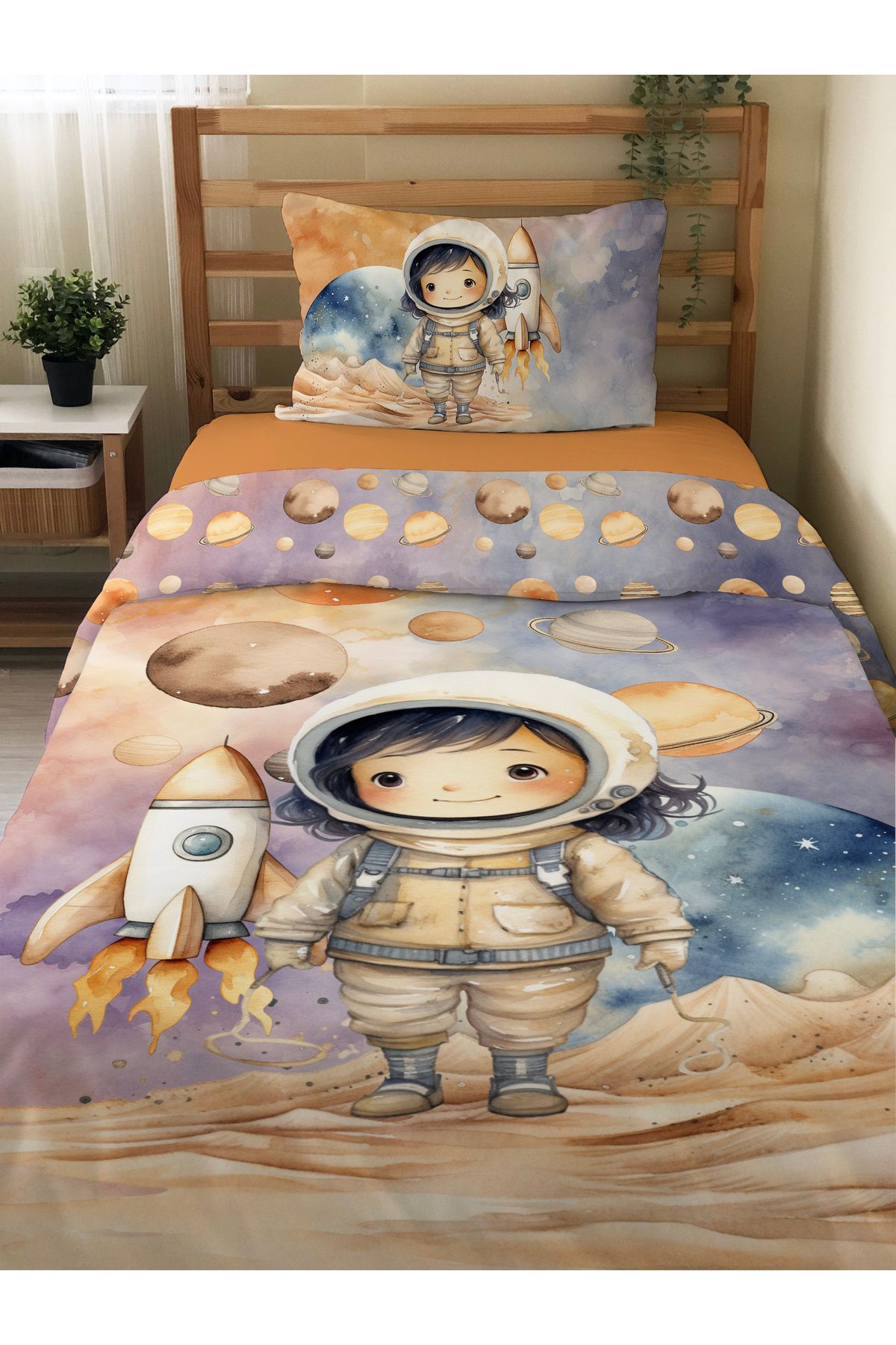 Evmila Astronot Desenli Çarşafsız 2'li Takım Baskılı Tek Kişilik Nevresim Takımı 160x220 cm