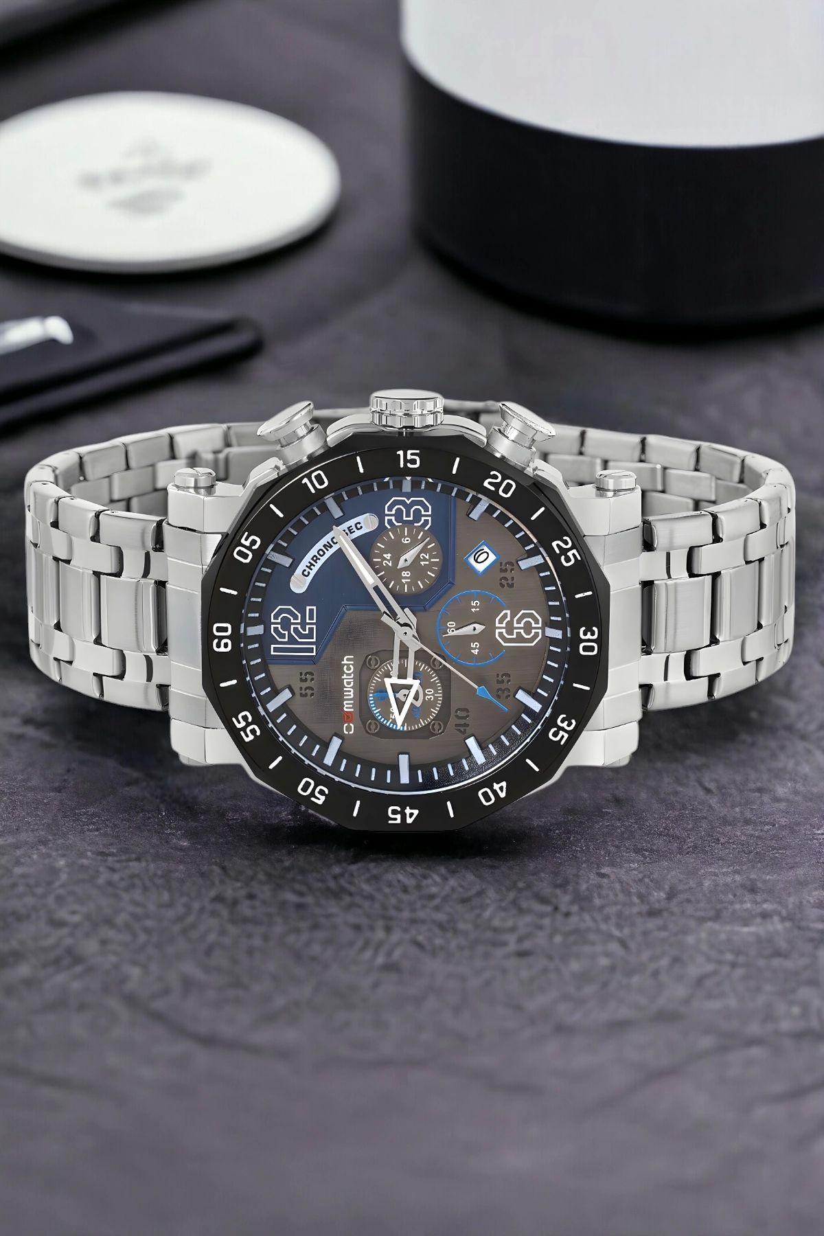 Comwatch Gümüş-mavi Full Fonksiyon Çelik Kordon Çelik Kasa Erkek Kol Saati Crono Sdcmw021