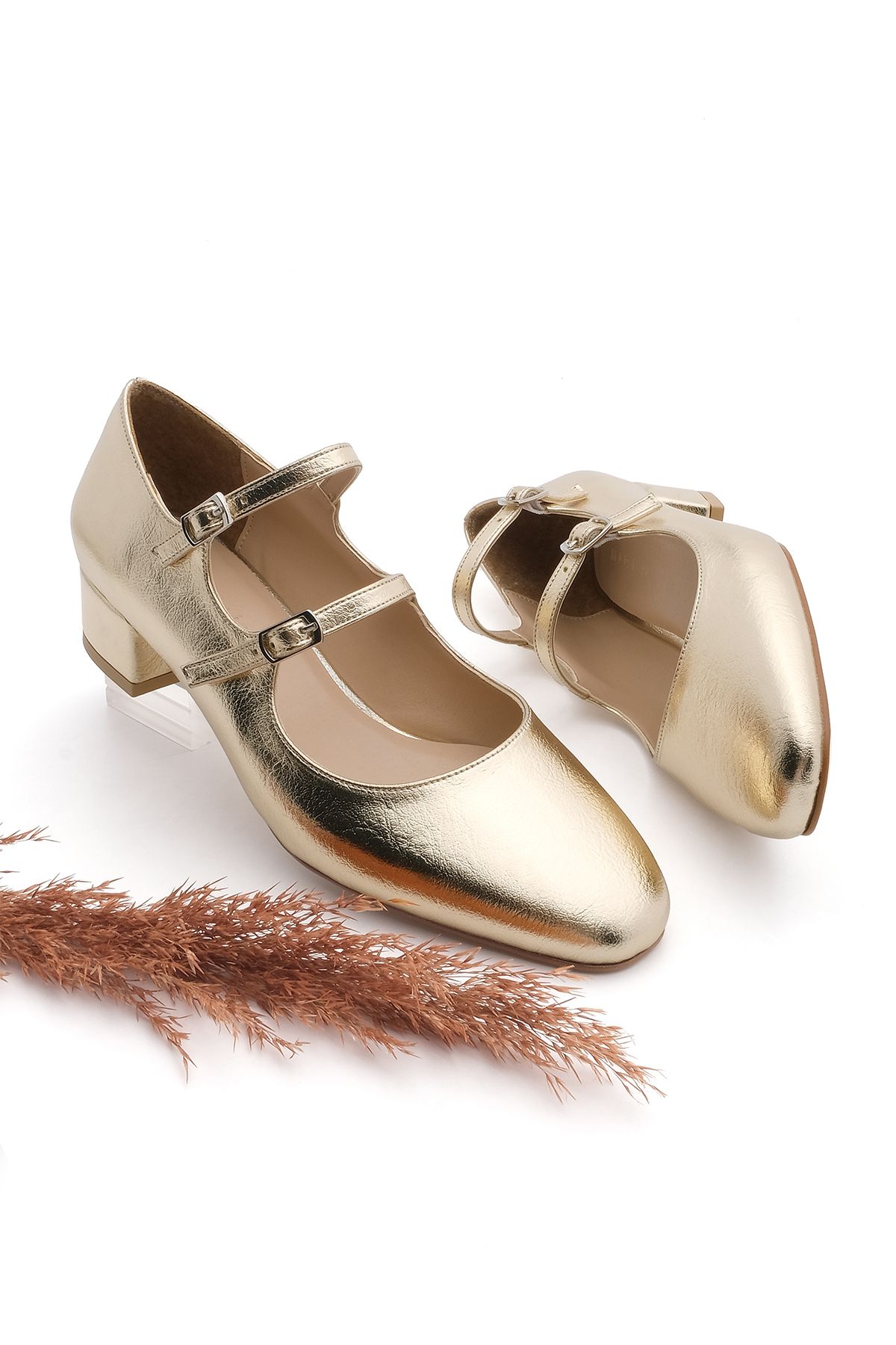 Marjin Kadın Çift Bantlı Klasik Topuklu Ayakkabı Alsef Altın