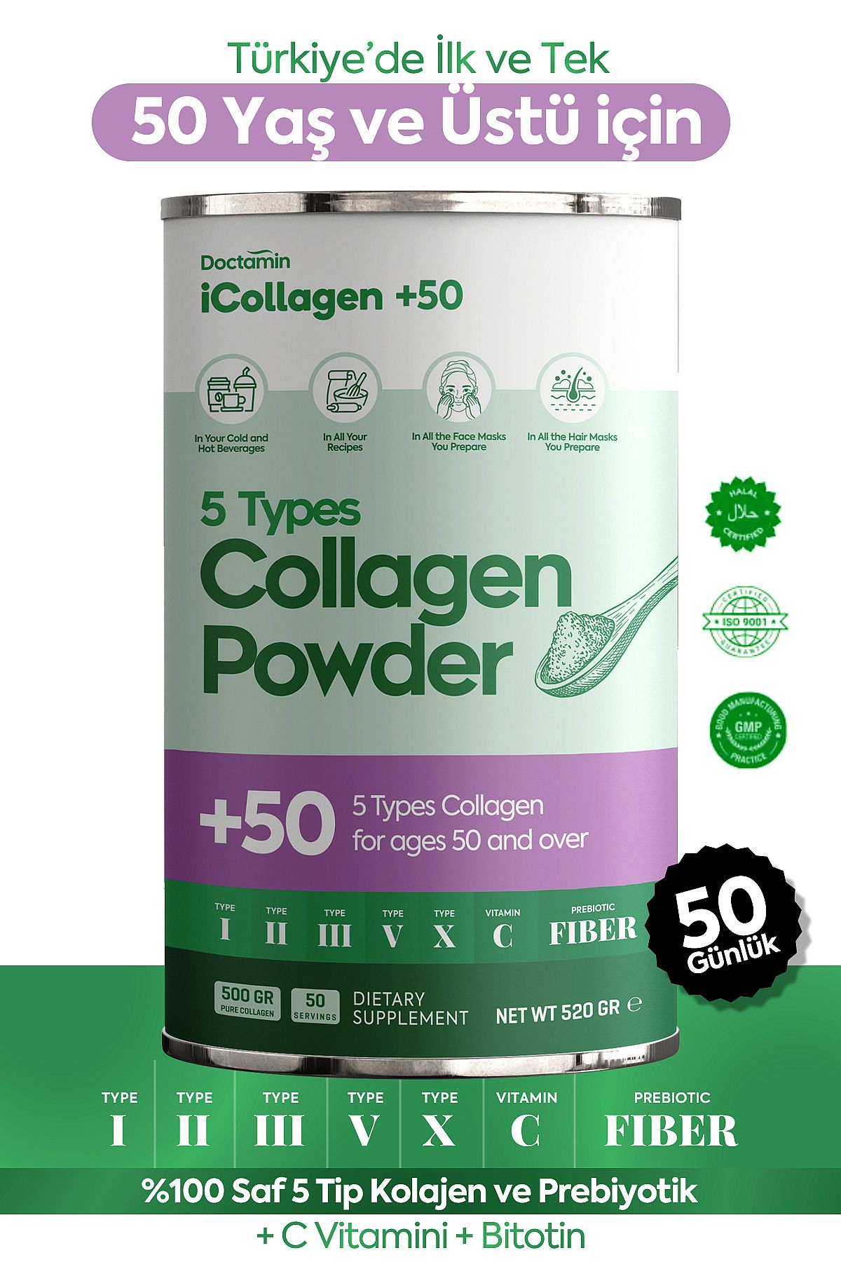 DOCTAMIN iCollagen 50 yaş üstü için ve dengeli kolajen tozu - 520 gram 50 günlük