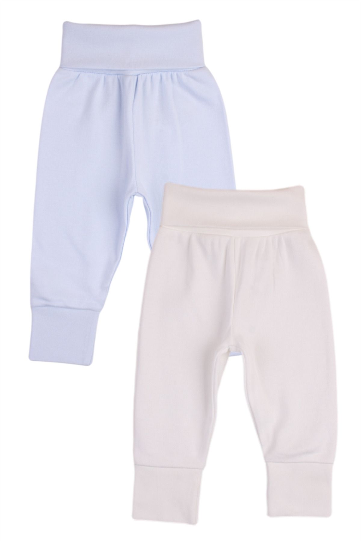 Mini Ropa 2'li Bebek Pantolonu Tek Alt Paçası Açık Ribanalı Bebek Pantolonu Mavi-Ekru