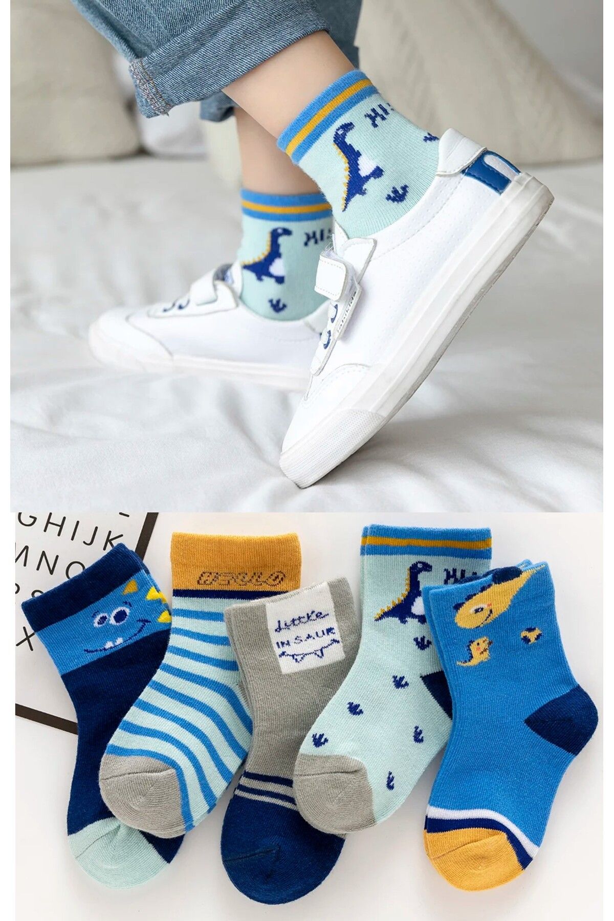 Hobins Sportswear Company 5 Çift Dinazor Desenli İndigo Bebek Çorap Ve Çocuk Çorabı Özel Dinozor Serisi