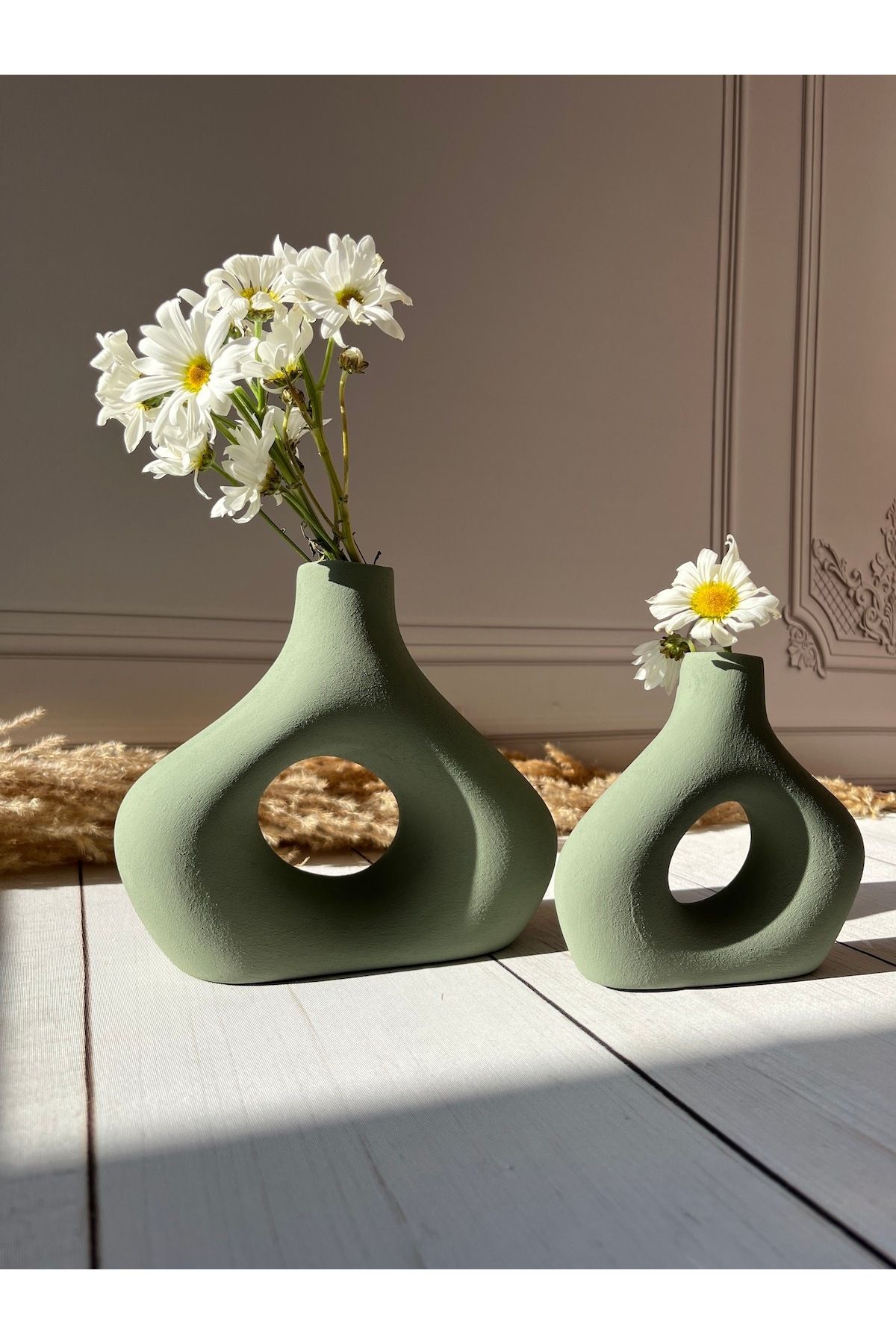 biomaxi plus ikili  seramik vazo modern  tasarim  iskandinav  dekorasyon soft haki yeşil