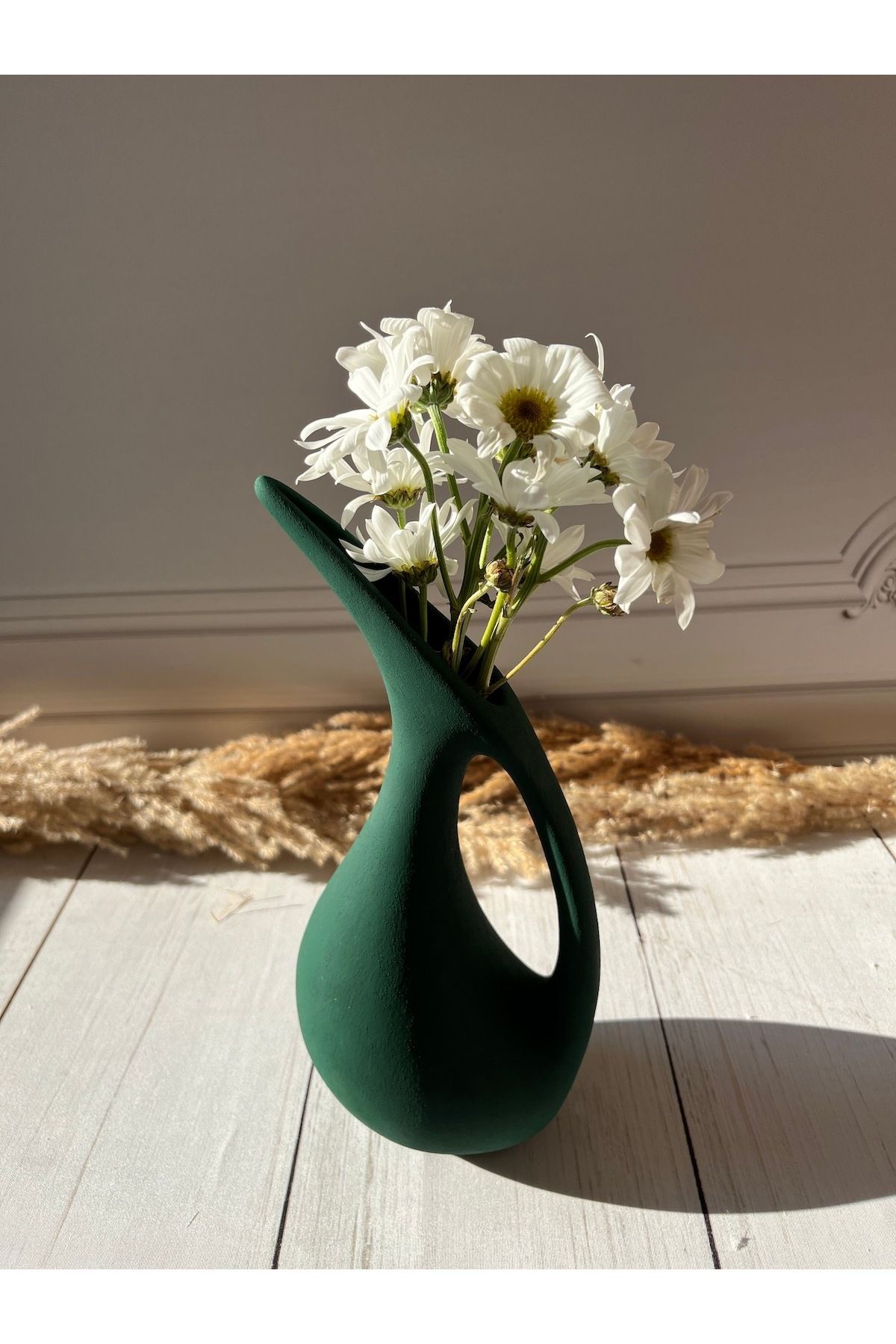 biomaxi plus seramik vazo modern  tasarim  iskandinav  dekorasyon dokulu koyu yeşil ( 29 x 15 CM)