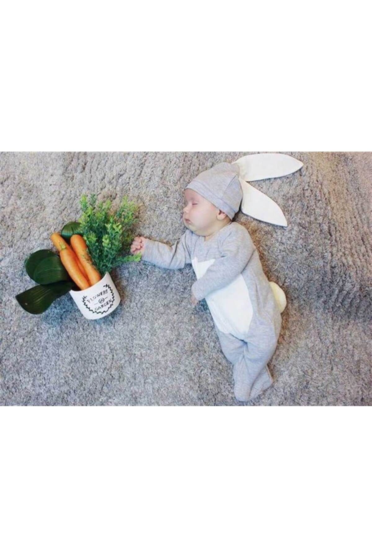 Mini Ropa Gri Renk Bebek Tavşan Ponponlu Tavşan Kulaklı Tulum Bebek Hediyesi Bebek Fotoğtaf Çekimi Ürünü