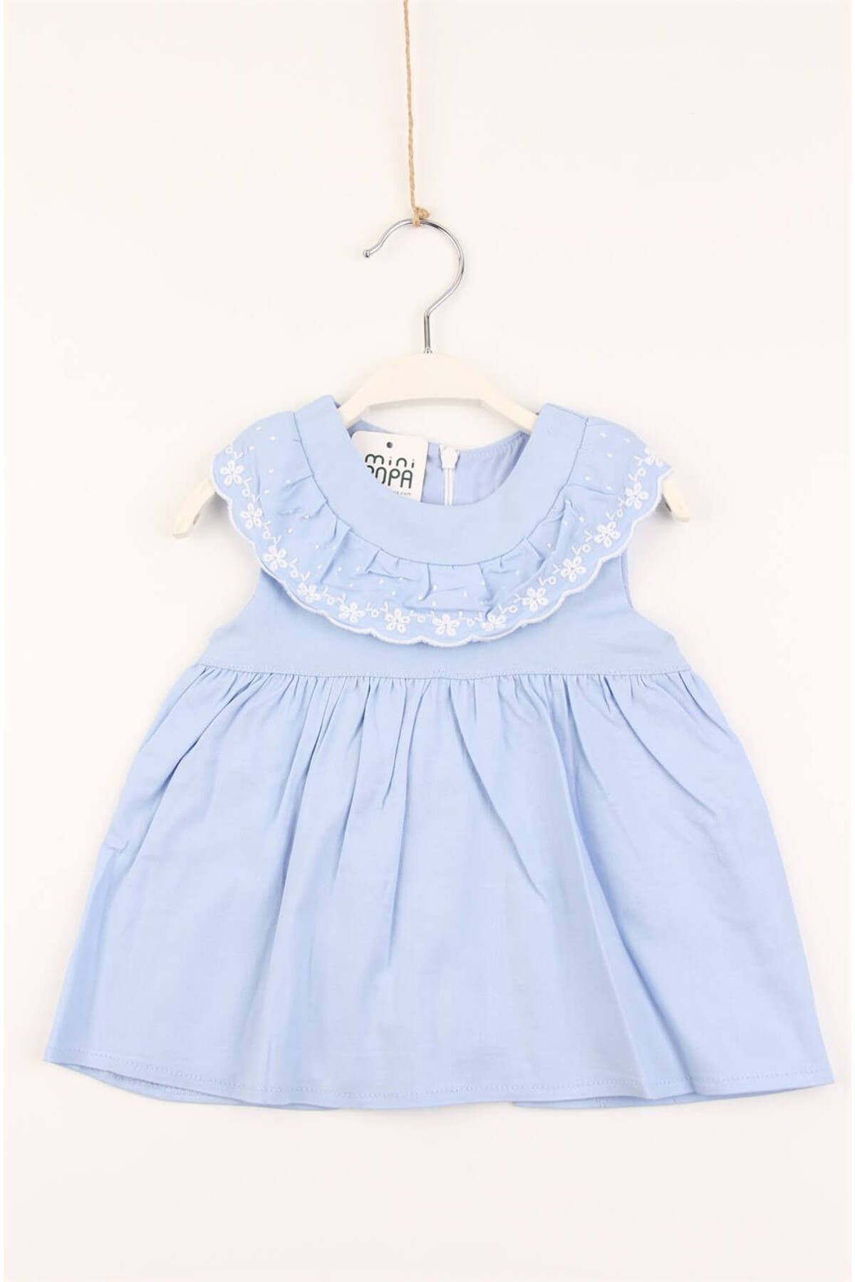 Mini Ropa Brode Nakış Işlemeli Sıfır Kollu Mavi Pamuklu Astarlı Kız Bebek Elbise