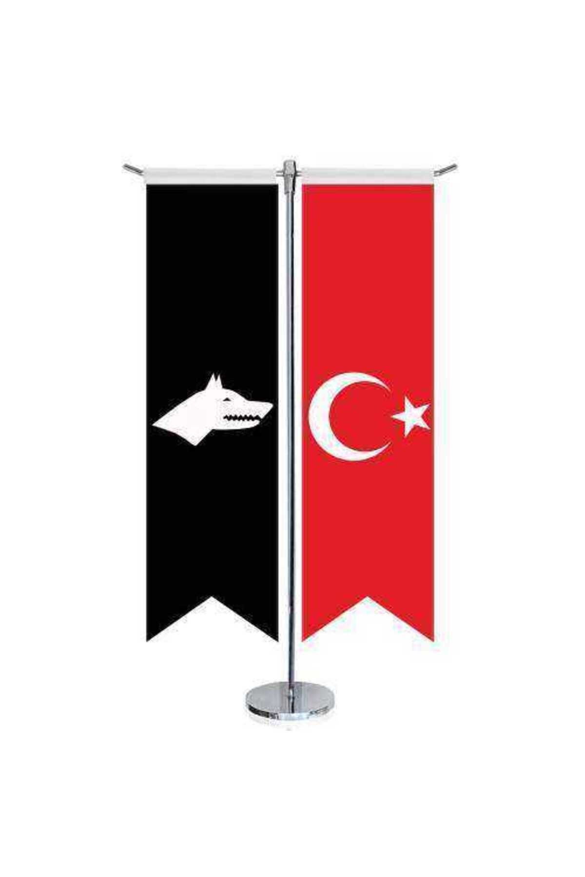 Genel Markalar Siyah Beyaz Göktürk Bayrağı - 17 Eski Türk Devletleri Ve Türkiye -saten T Direk 2li Masa Bayrağı