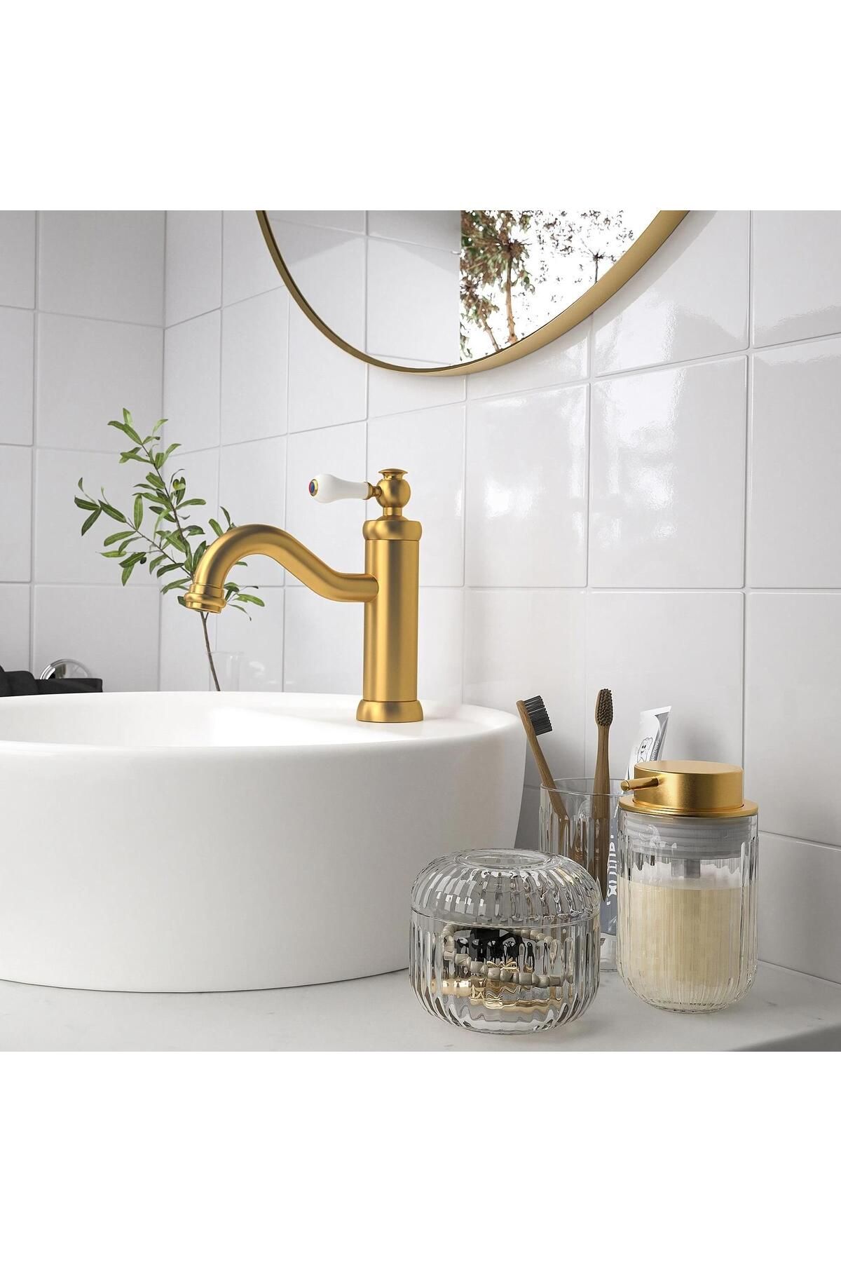 IKEA 3 Lü Banyo Sabunluk Seti SILVTJÄRN Gold Renk-Cam MeridyenDukkan Sıvı Sabunluk-Diş Fırçalık-Cam Kutu