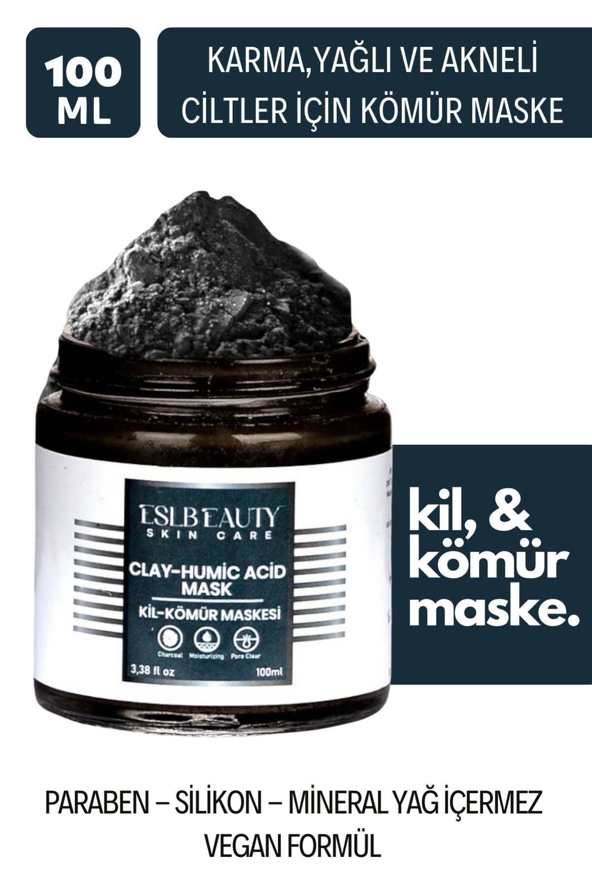 Eslbeauty Charcoal Arındırıcı Siyah Nokta Karşıtı Gözenek Sıkılaştırıcı Işıltı Veren Kil-Kömür Maske 100ml