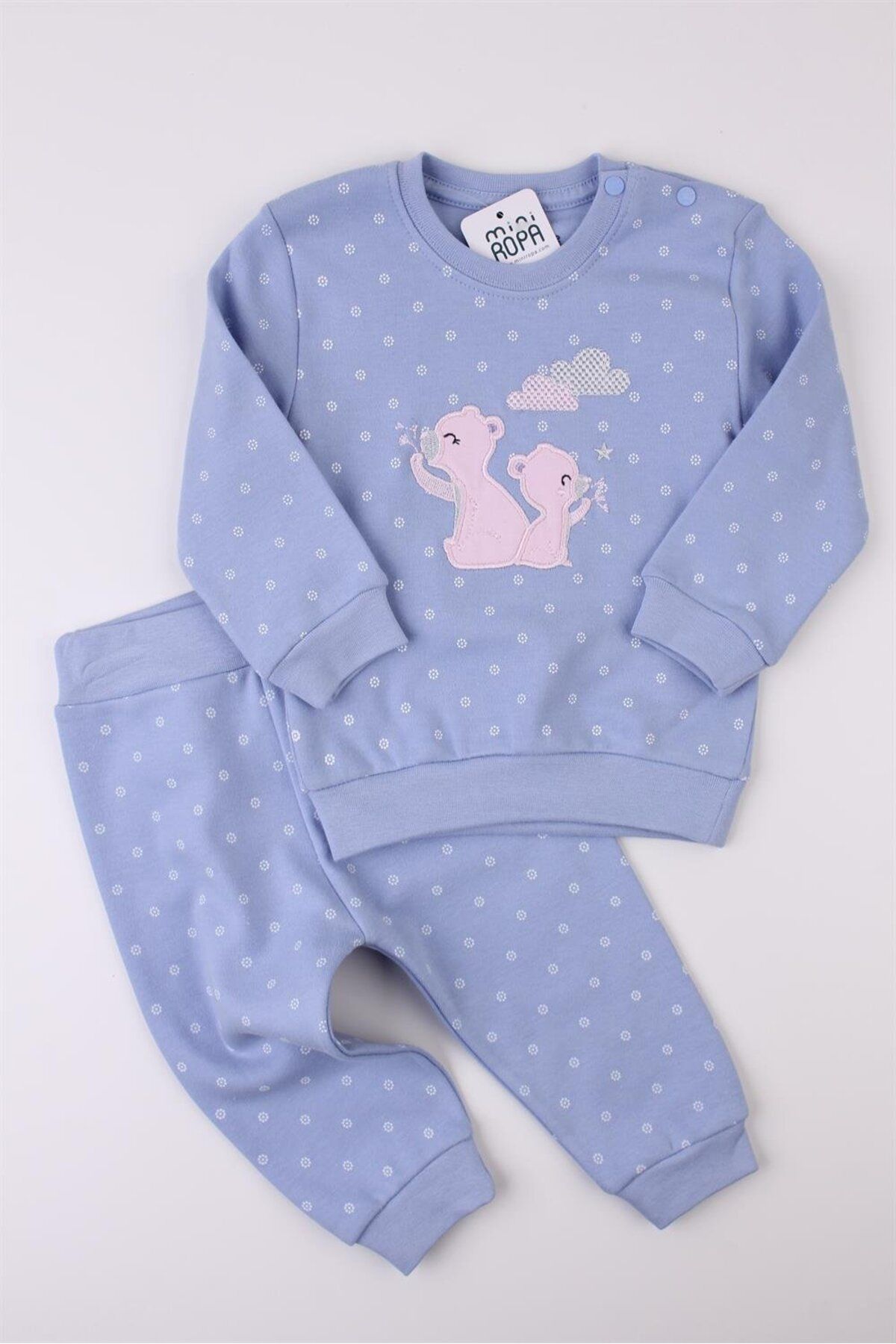 Mini Ropa Happy Bear Nakışlı Mavi Kız Bebek Alt Üst İkili Takım