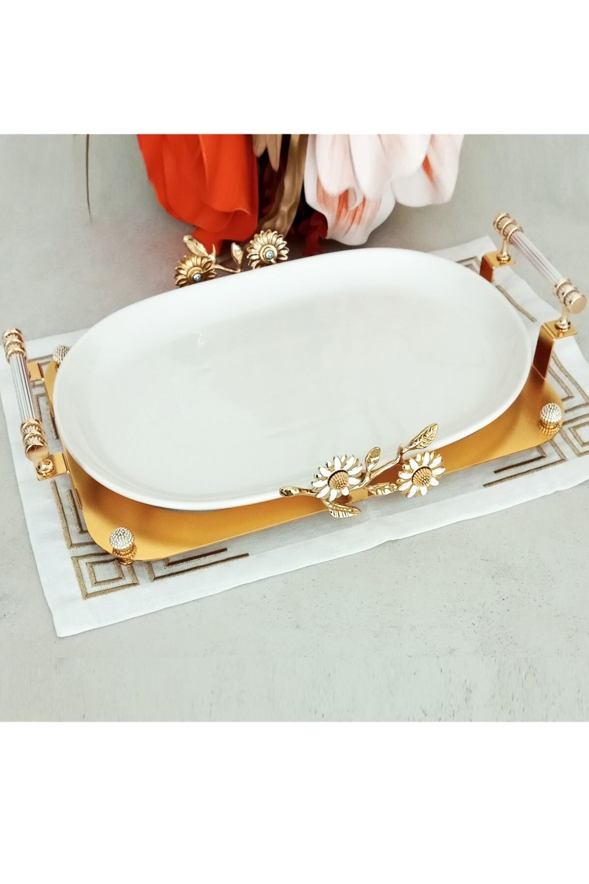 CAŞ DEKORASYON Papatya Modeli Oval Porselen Sunum Tabağı Servis Tabağı Sunumluk-37 cm