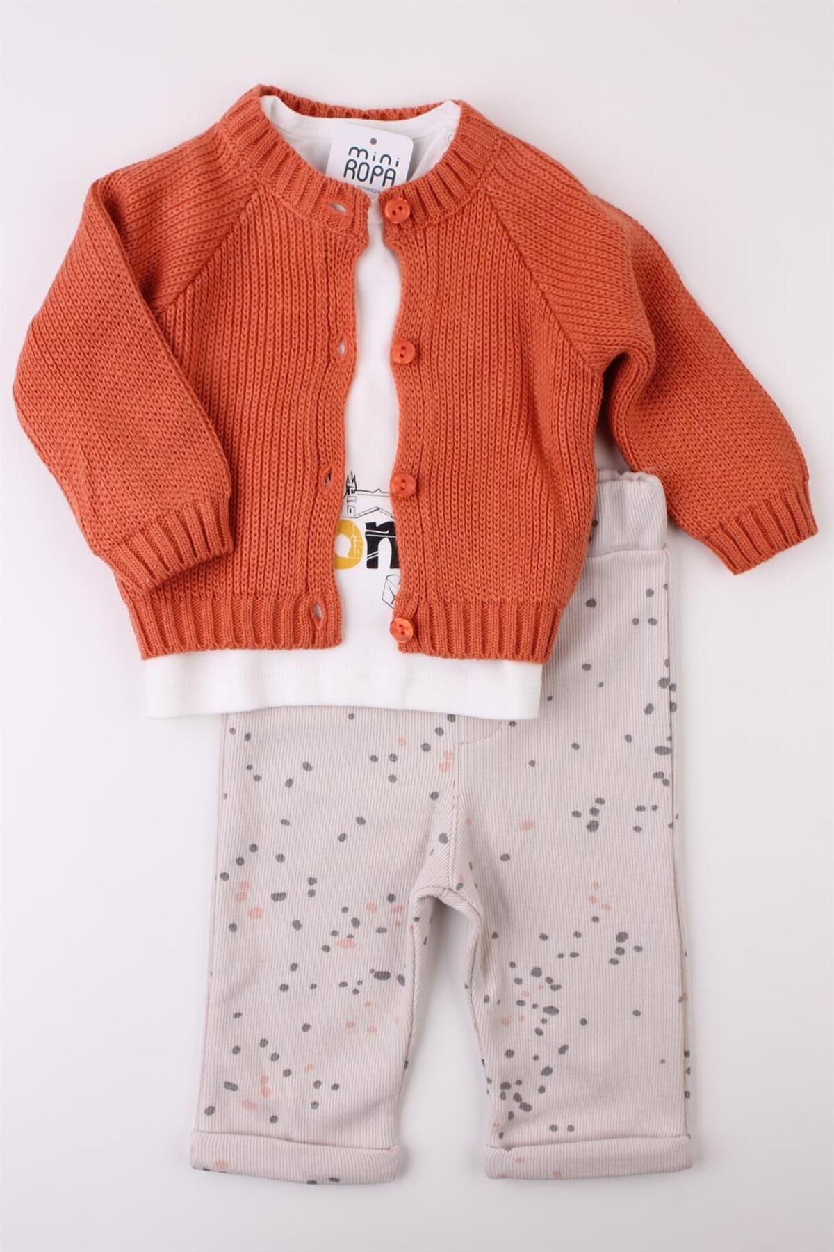 Mini Ropa Triko Hırkalı Kız Bebek Sweat Pantolon 3'lü Kışlık Takım Tarçın