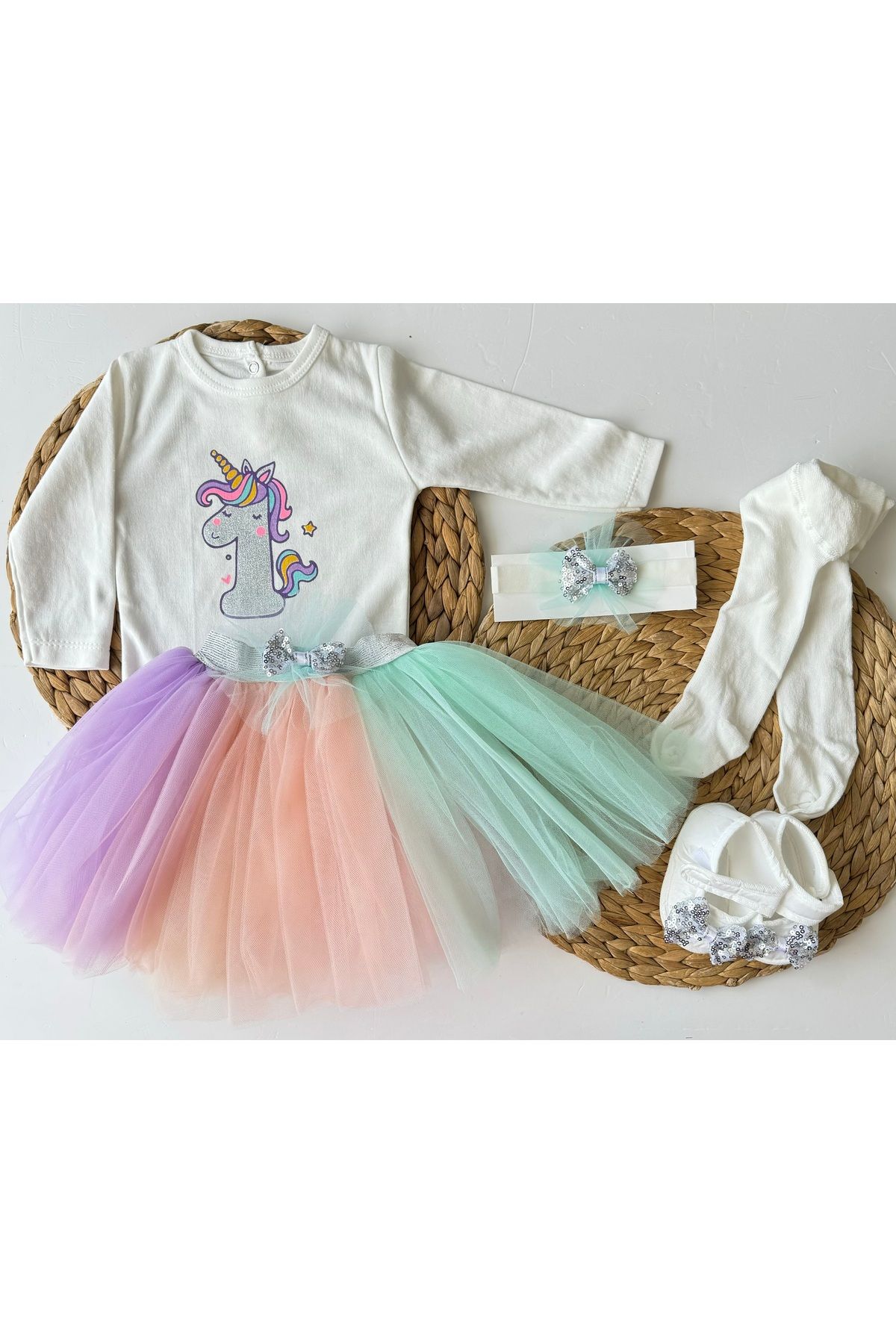 PİLEKİ BABY Kız Bebek 5 Parça 1 Yaş Doğum Günü Unicorn Elbisesi Renkli Tütü Etek Özel Gün Takım