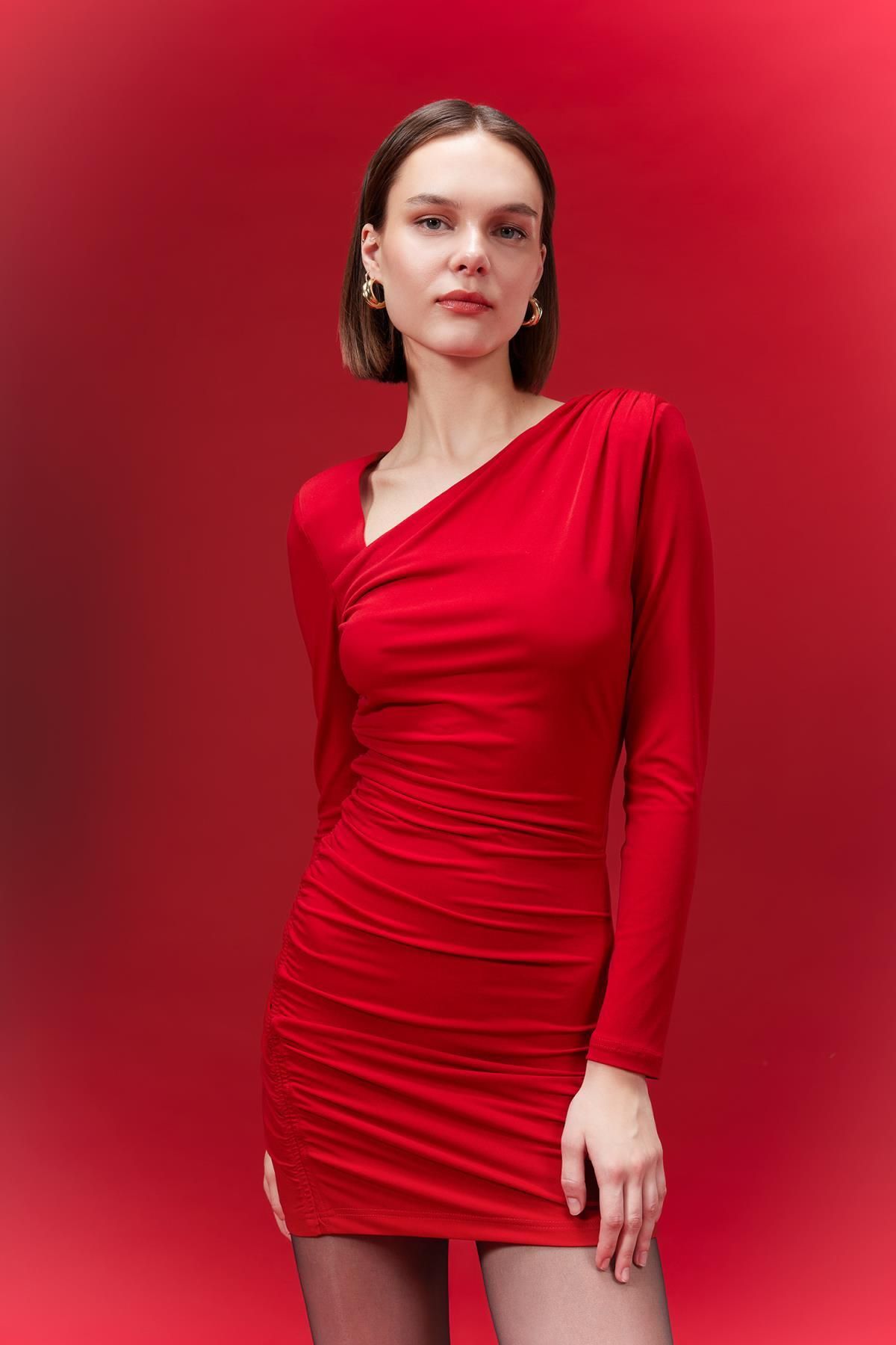 Defacto Bodycon Kayık Yaka Mini Uzun Kollu Kırmızı Elbise C4365ax24sp