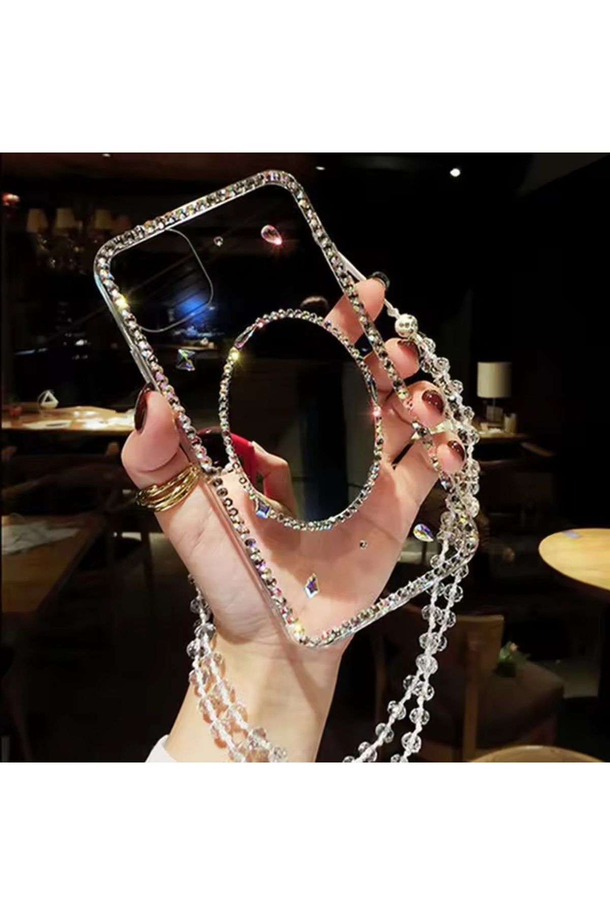 Casenova iPhone 15 Makyaj Aynalı Taşlı Kenar Kristal Askılı Kılıf