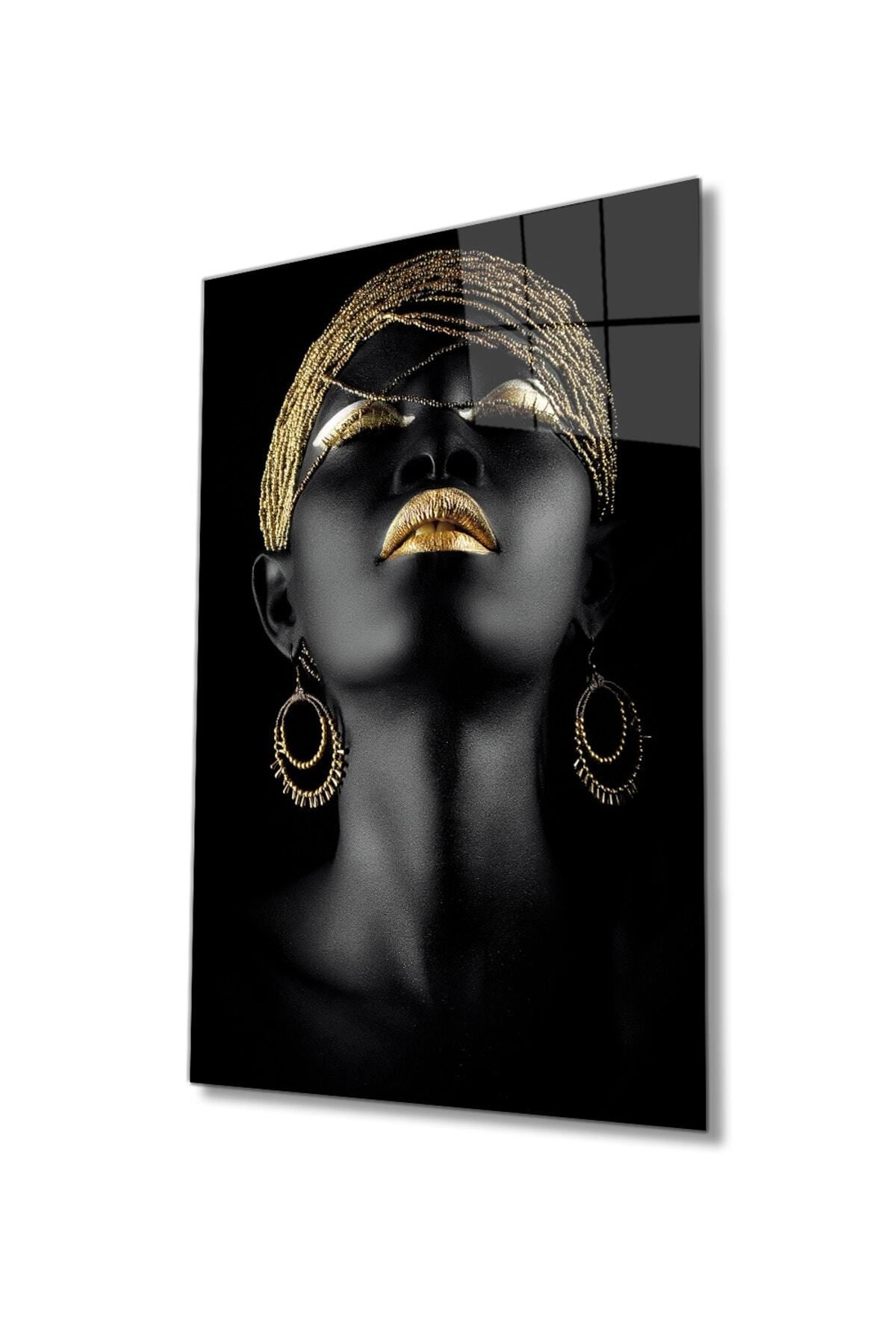 Galeria foradels ENGL cam01 Altın Saç Dudak ve Göz Makyajlı Afrikalı Kadın Cam Tablo, Duvar Dekoru Hediyelik