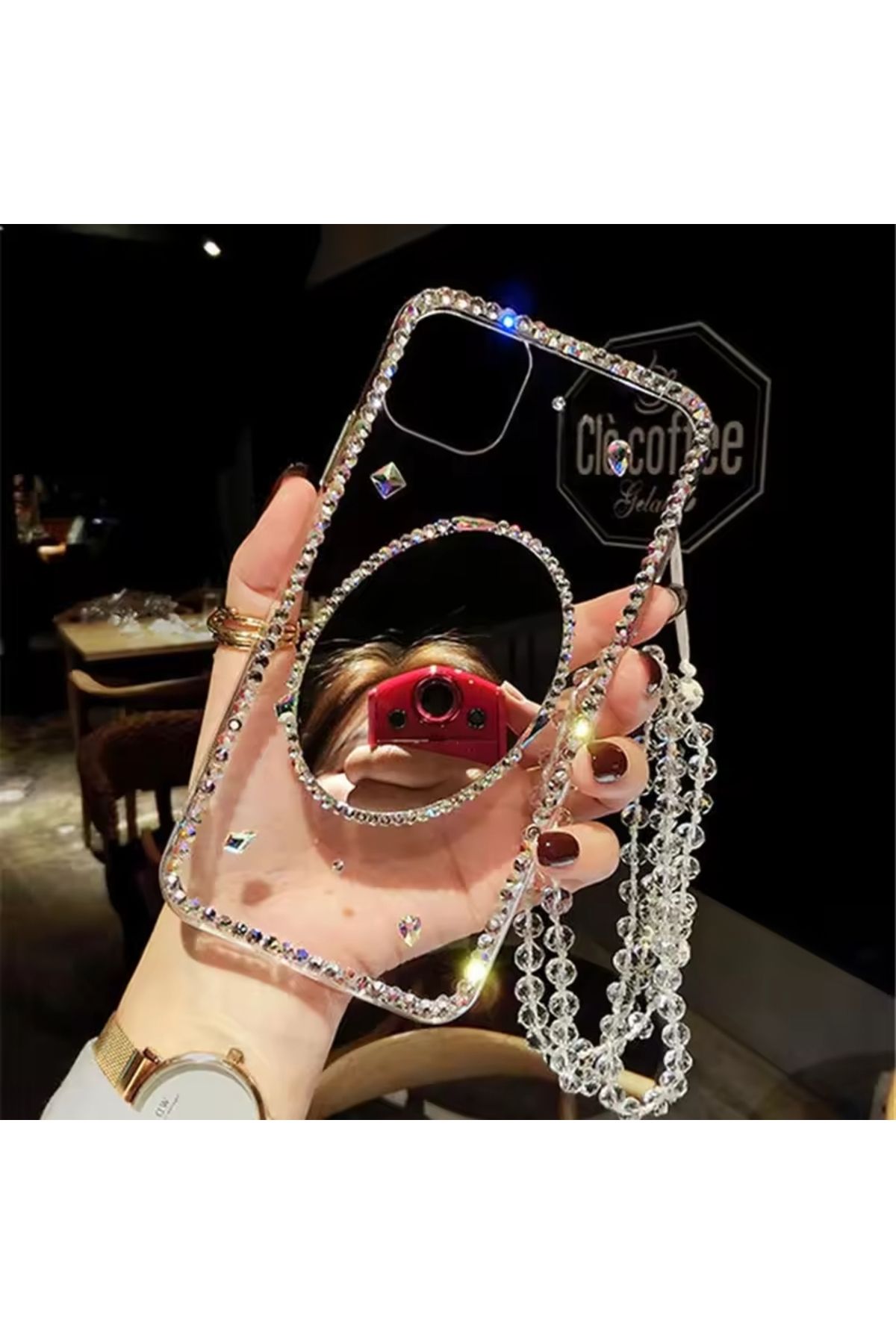 Casenova iPhone 15 Pro Max Makyaj Aynalı Taşlı Kenar Kristal Askılı Kılıf